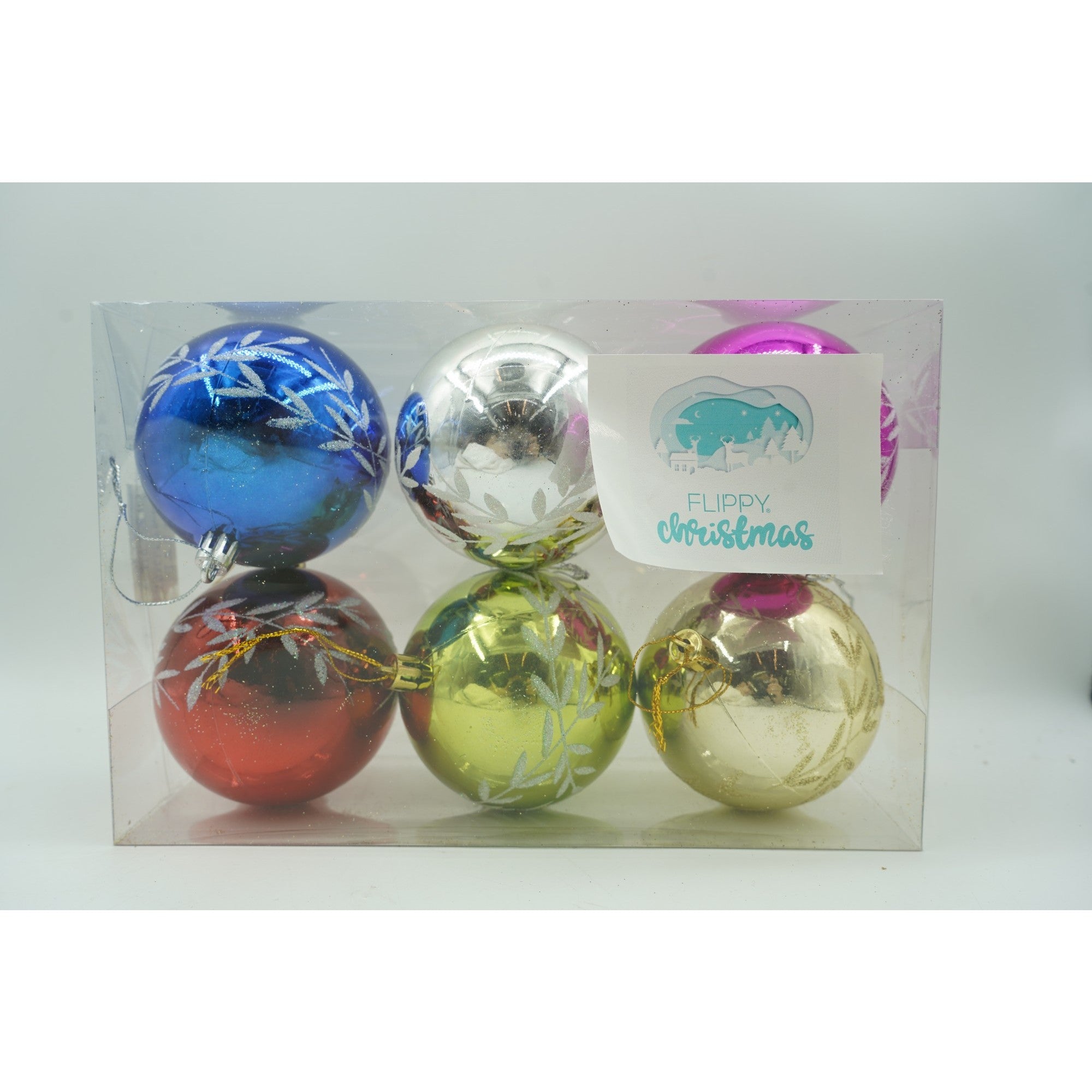 Set de 6 ornamente de brad, de tip Glob, Multicolor, cu ø de 8 cm, din plastic, cu finisaj sclipitor , cutie 24 cm inaltime x 16 cm lungime x 8 cm adancime