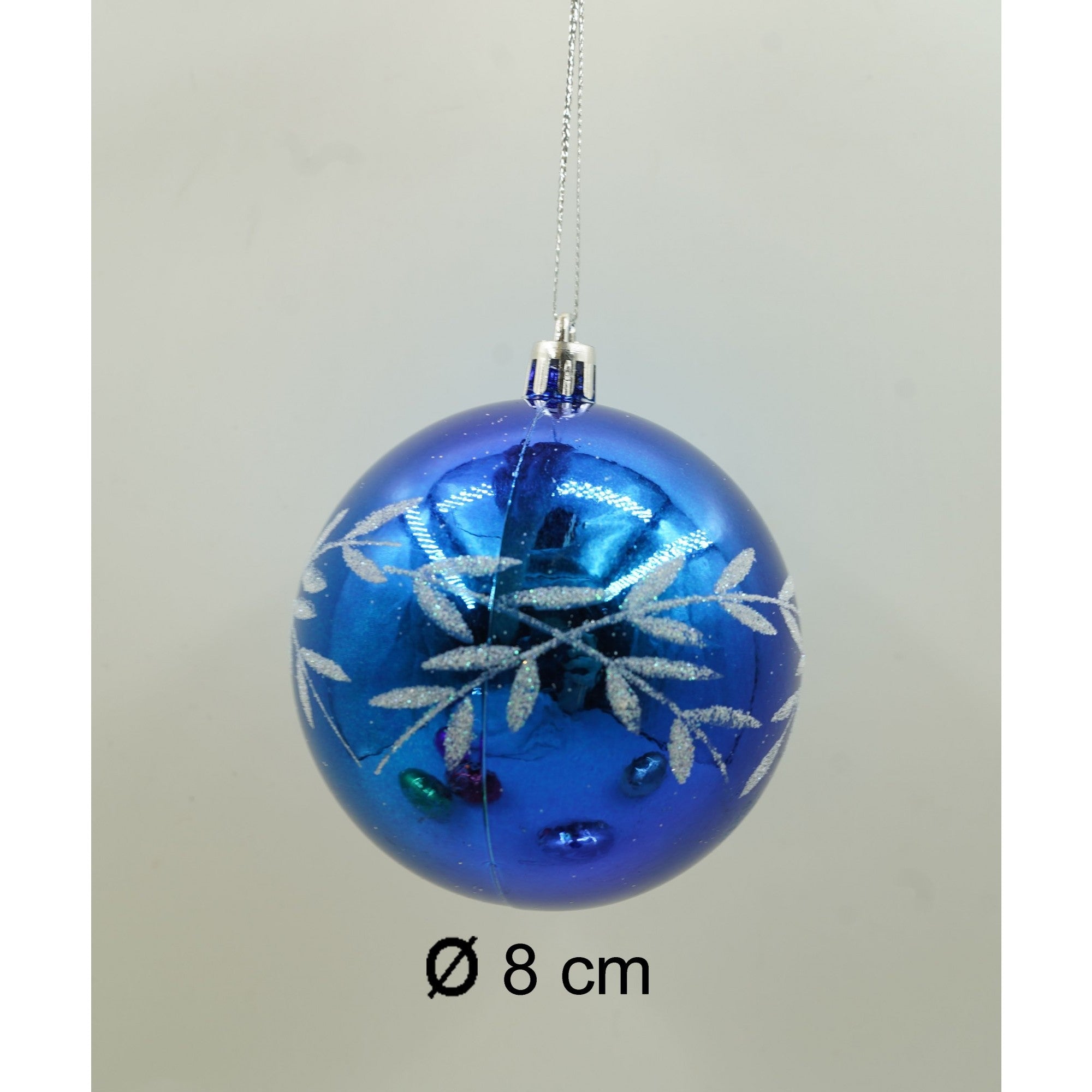 Set de 6 ornamente de brad, de tip Glob, Multicolor, cu ø de 8 cm, din plastic, cu finisaj sclipitor , cutie 24 cm inaltime x 16 cm lungime x 8 cm adancime