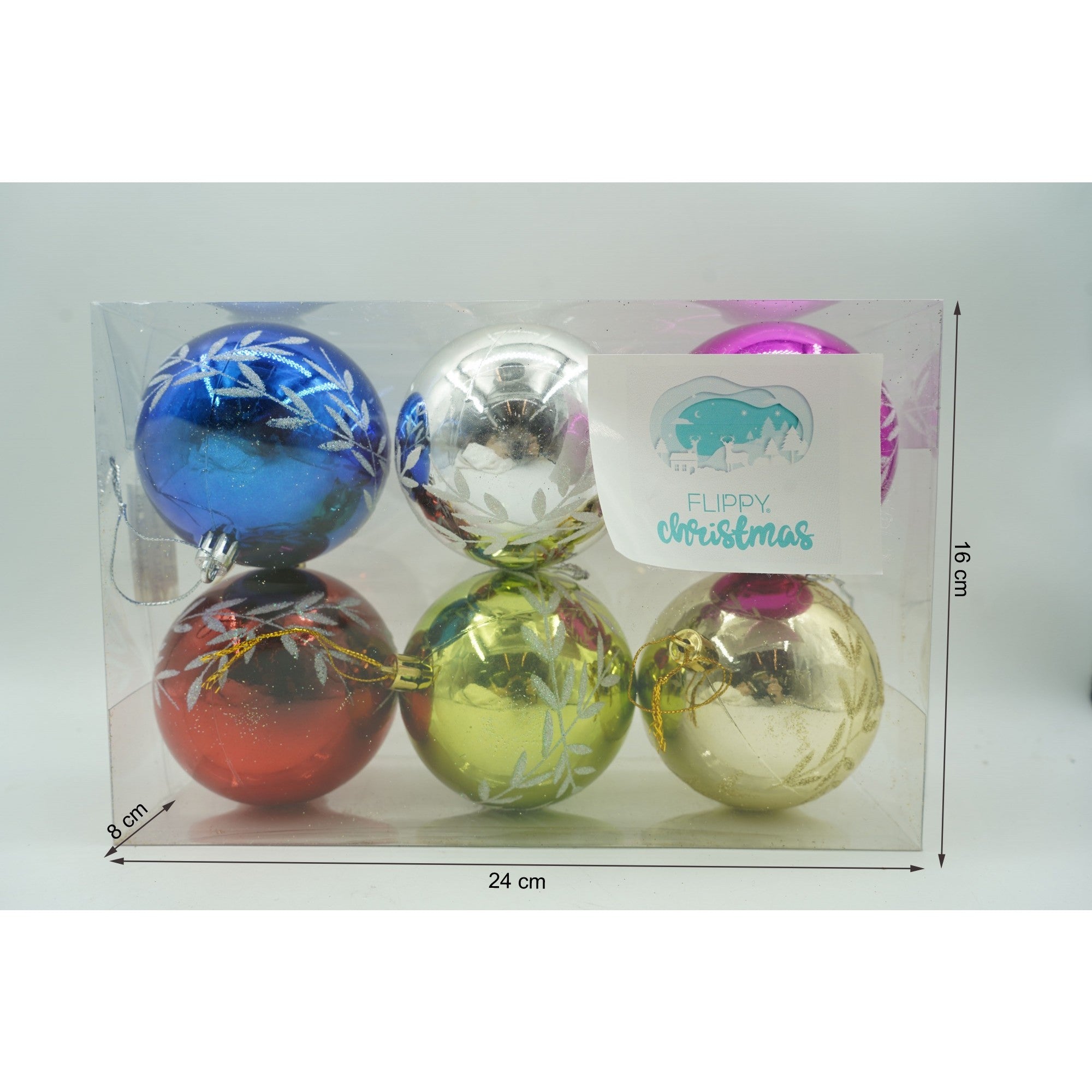 Set de 6 ornamente de brad, de tip Glob, Multicolor, cu ø de 8 cm, din plastic, cu finisaj sclipitor , cutie 24 cm inaltime x 16 cm lungime x 8 cm adancime