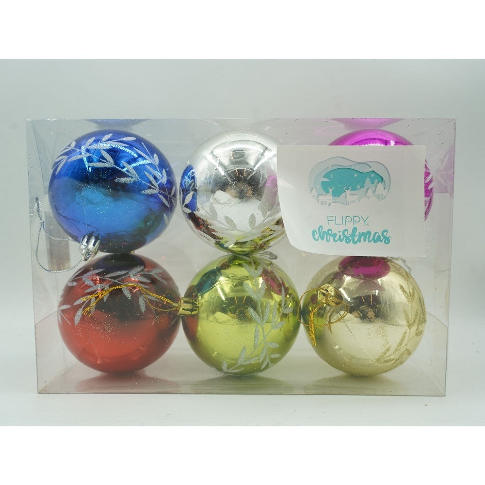 Set de 6 ornamente de brad, de tip Glob, Multicolor, cu ø de 8 cm, din plastic, cu finisaj sclipitor , cutie 24 cm inaltime x 16 cm lungime x 8 cm adancime