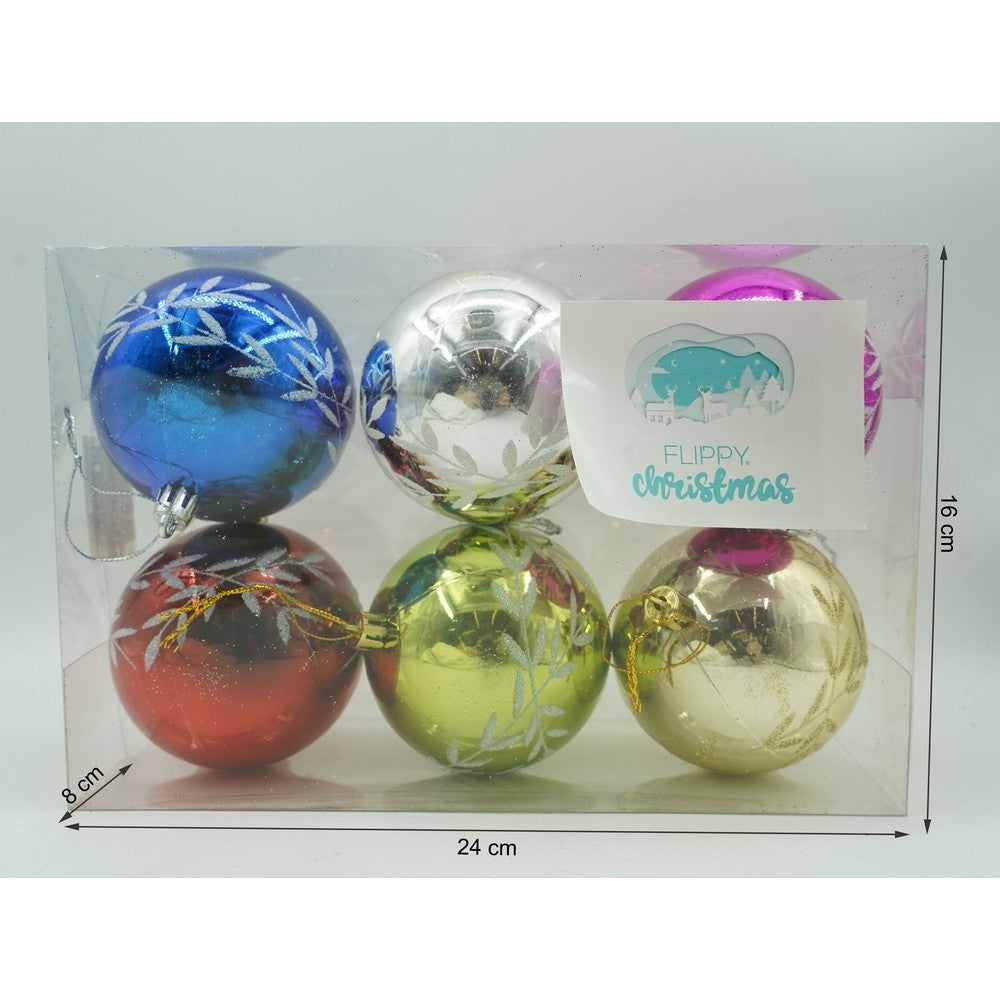 Set de 6 ornamente de brad, de tip Glob, Multicolor, cu ø de 8 cm, din plastic, cu finisaj sclipitor , cutie 24 cm inaltime x 16 cm lungime x 8 cm adancime