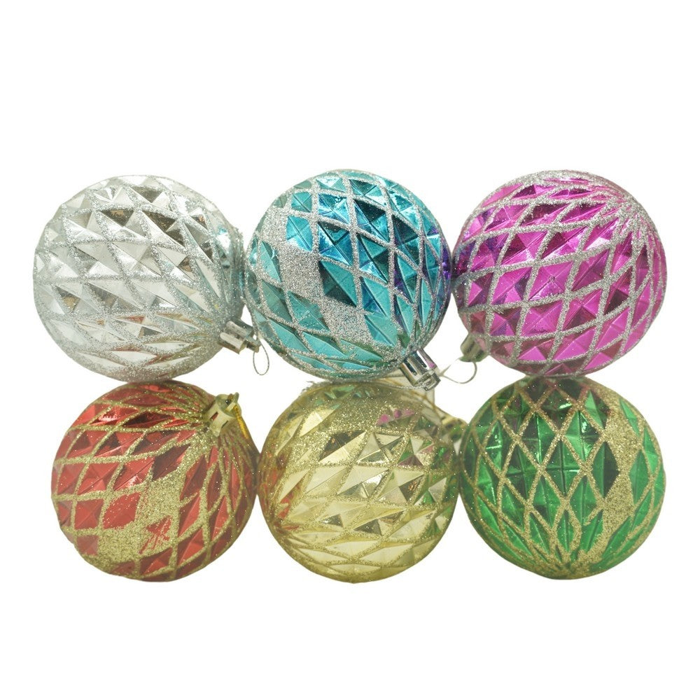 Set de 6 ornamente de brad, de tip Glob, Multicolor, cu ø de 8 cm, din plastic, cu finisaj sclipitor , cutie 24 cm inaltime x 16 cm lungime x 8 cm adancime