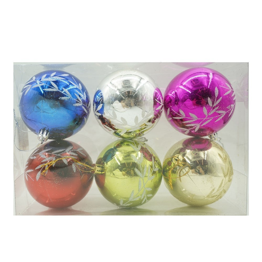 Set de 6 ornamente de brad, de tip Glob, Multicolor, cu ø de 8 cm, din plastic, cu finisaj sclipitor , cutie 24 cm inaltime x 16 cm lungime x 8 cm adancime