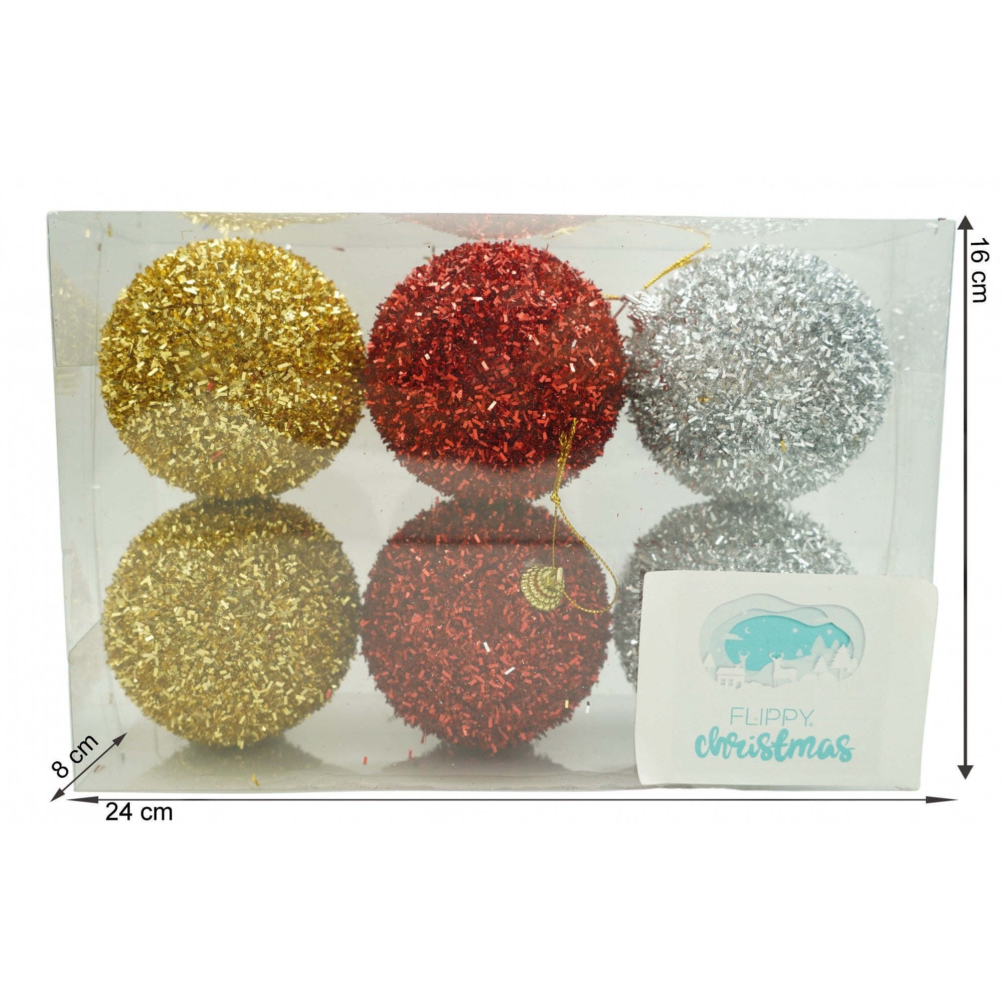 Set de 6 ornamente de brad, de tip Glob, Multicolor, cu ø de 8 cm, din polistiren, cu finisaj sclipitor , cutie 16 cm inaltime x 24 cm lungime x 8 cm adancime