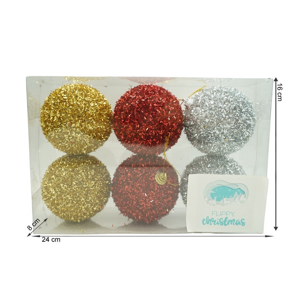 Set de 6 ornamente de brad, de tip Glob, Multicolor, cu ø de 8 cm, din polistiren, cu finisaj sclipitor , cutie 16 cm inaltime x 24 cm lungime x 8 cm adancime