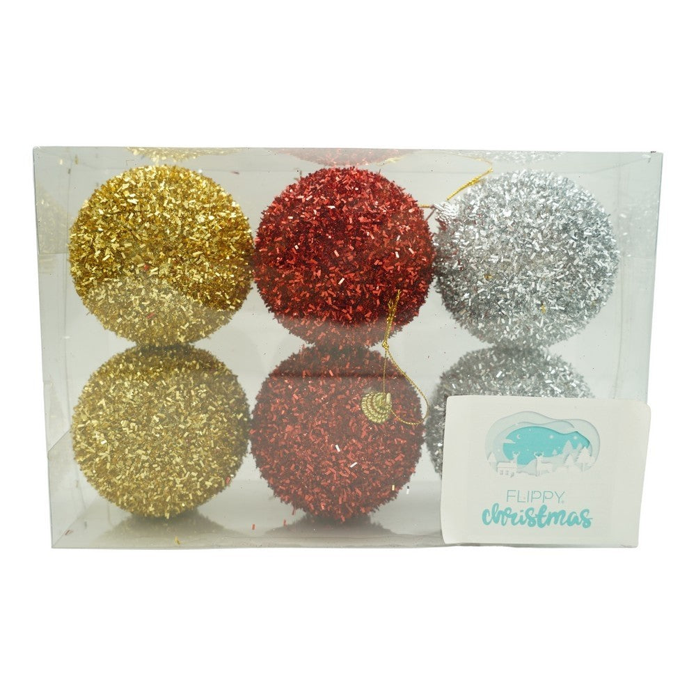 Set de 6 ornamente de brad, de tip Glob, Multicolor, cu ø de 8 cm, din polistiren, cu finisaj sclipitor , cutie 16 cm inaltime x 24 cm lungime x 8 cm adancime