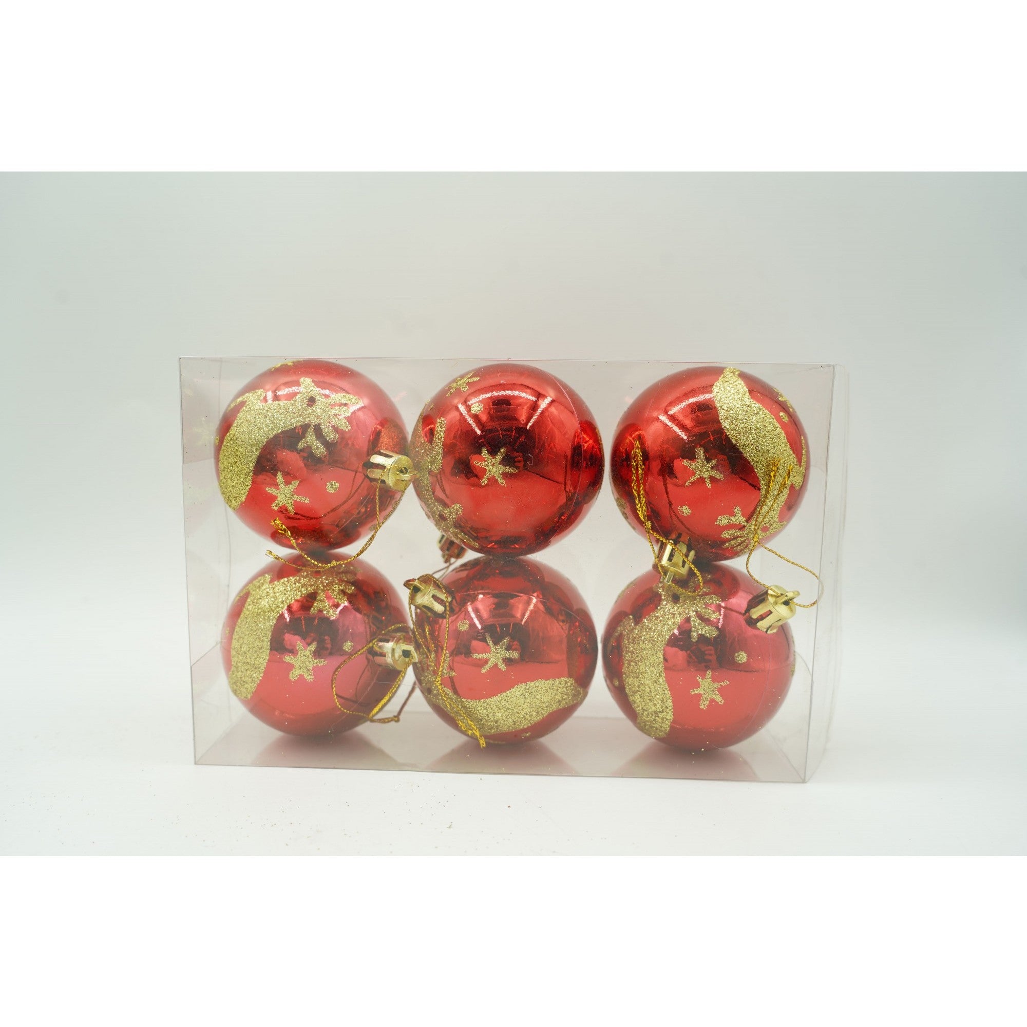 Set de 6 ornamente de brad, de tip Glob, Rosu/ Auriu, cu ø de 6 cm, din plastic, cu finisaj sclipitor , cutie 18 cm inaltime x 12 cm lungime x 6 cm adancime