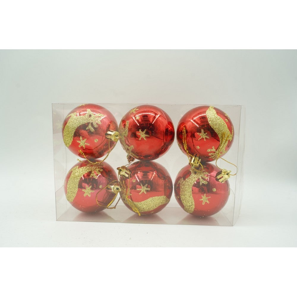 Set de 6 ornamente de brad, de tip Glob, Rosu/ Auriu, cu ø de 6 cm, din plastic, cu finisaj sclipitor , cutie 18 cm inaltime x 12 cm lungime x 6 cm adancime