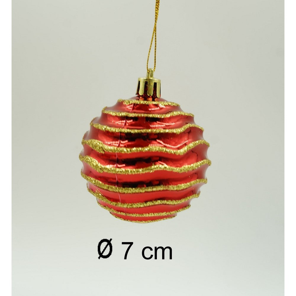 Set de 6 ornamente de brad, de tip Glob, Rosu/ Auriu, cu ø de 7 cm, din plastic, cu finisaj sclipitor , cutie 21 cm inaltime x 14 cm lungime x 7 cm adancime