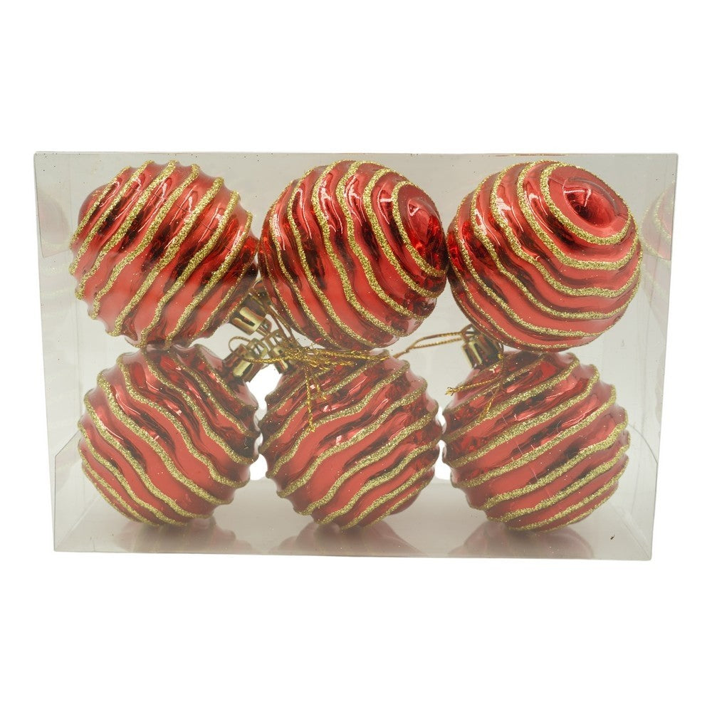 Set de 6 ornamente de brad, de tip Glob, Rosu/ Auriu, cu ø de 7 cm, din plastic, cu finisaj sclipitor , cutie 21 cm inaltime x 14 cm lungime x 7 cm adancime