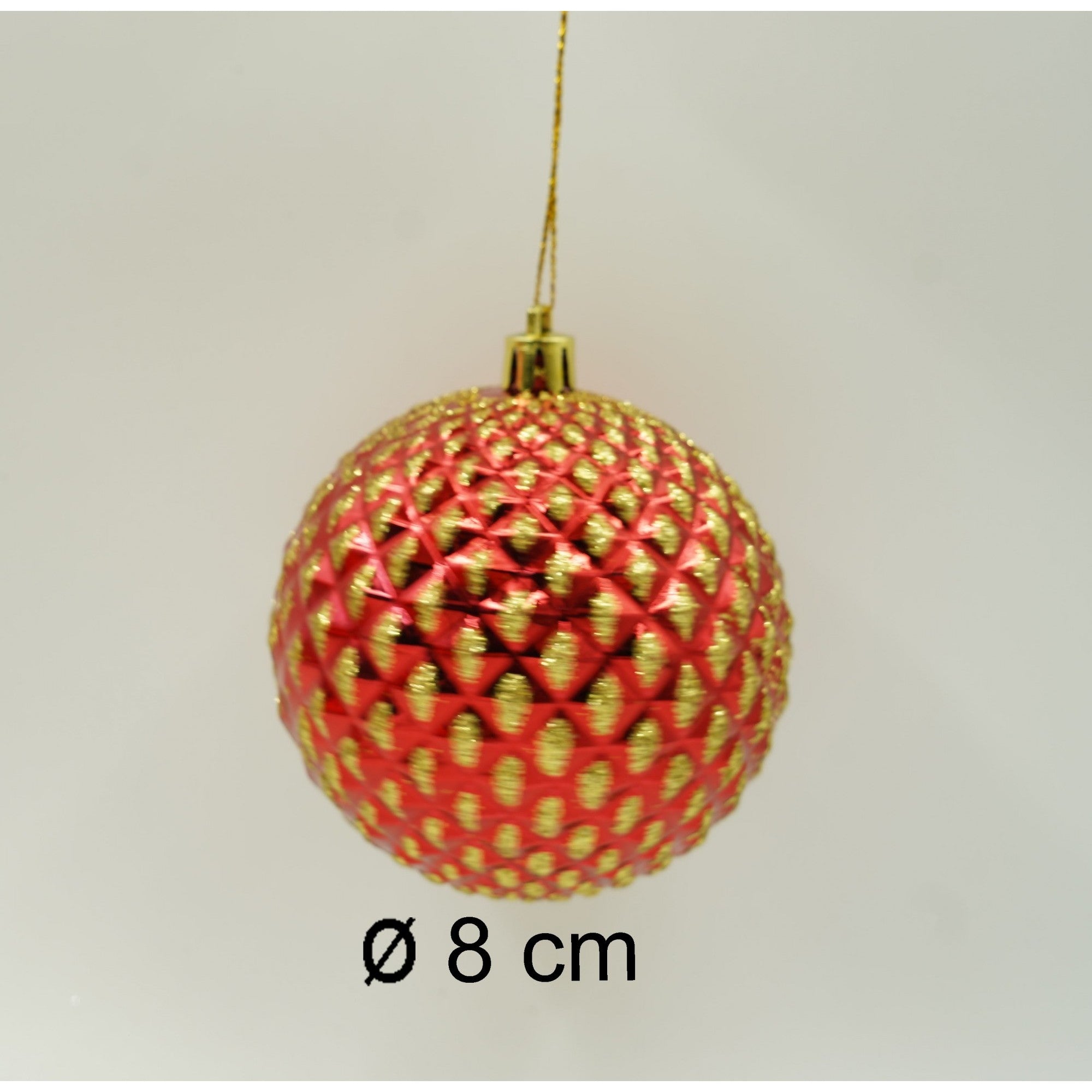 Set de 6 ornamente de brad, de tip Glob, Rosu/ Auriu, cu ø de 8 cm, din plastic, cu finisaj sclipitor , cutie 24 cm inaltime x 16 cm lungime x 8 cm adancime