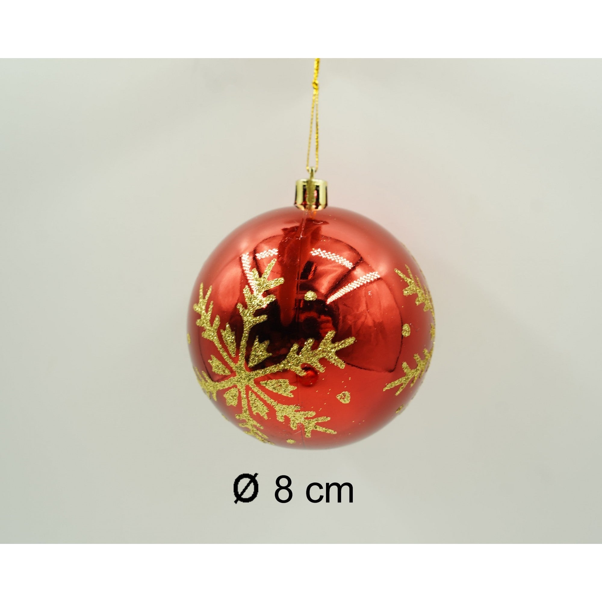 Set de 6 ornamente de brad, de tip Glob, Rosu/ Auriu, cu ø de 8 cm, din plastic, cu finisaj sclipitor , cutie 24 cm inaltime x 16 cm lungime x 8 cm adancime