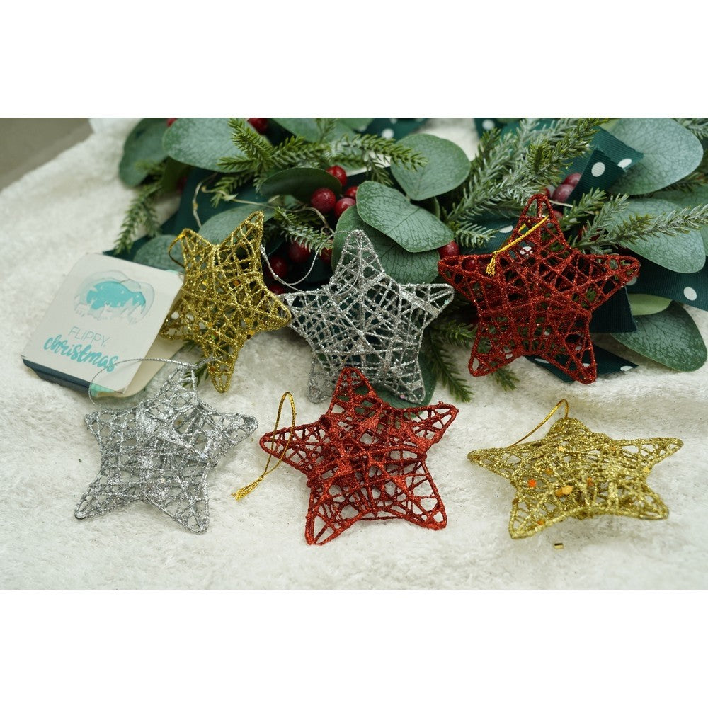 Set de 6 ornamente de brad, de tip Stea, Multicolor, din metal, cu finisaj sclipitor , cutie 3 cm adancime x 27 cm lungime x 8 cm inaltime