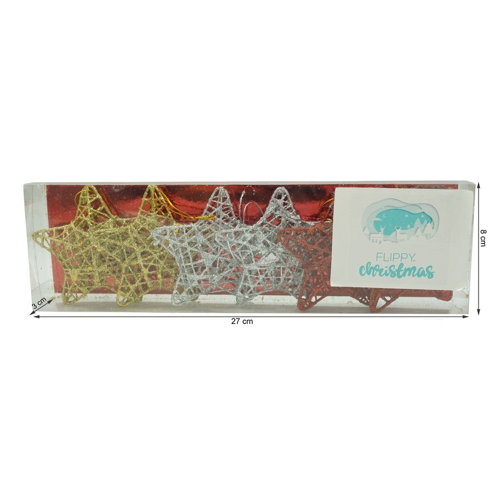 Set de 6 ornamente de brad, de tip Stea, Multicolor, din metal, cu finisaj sclipitor , cutie 3 cm adancime x 27 cm lungime x 8 cm inaltime