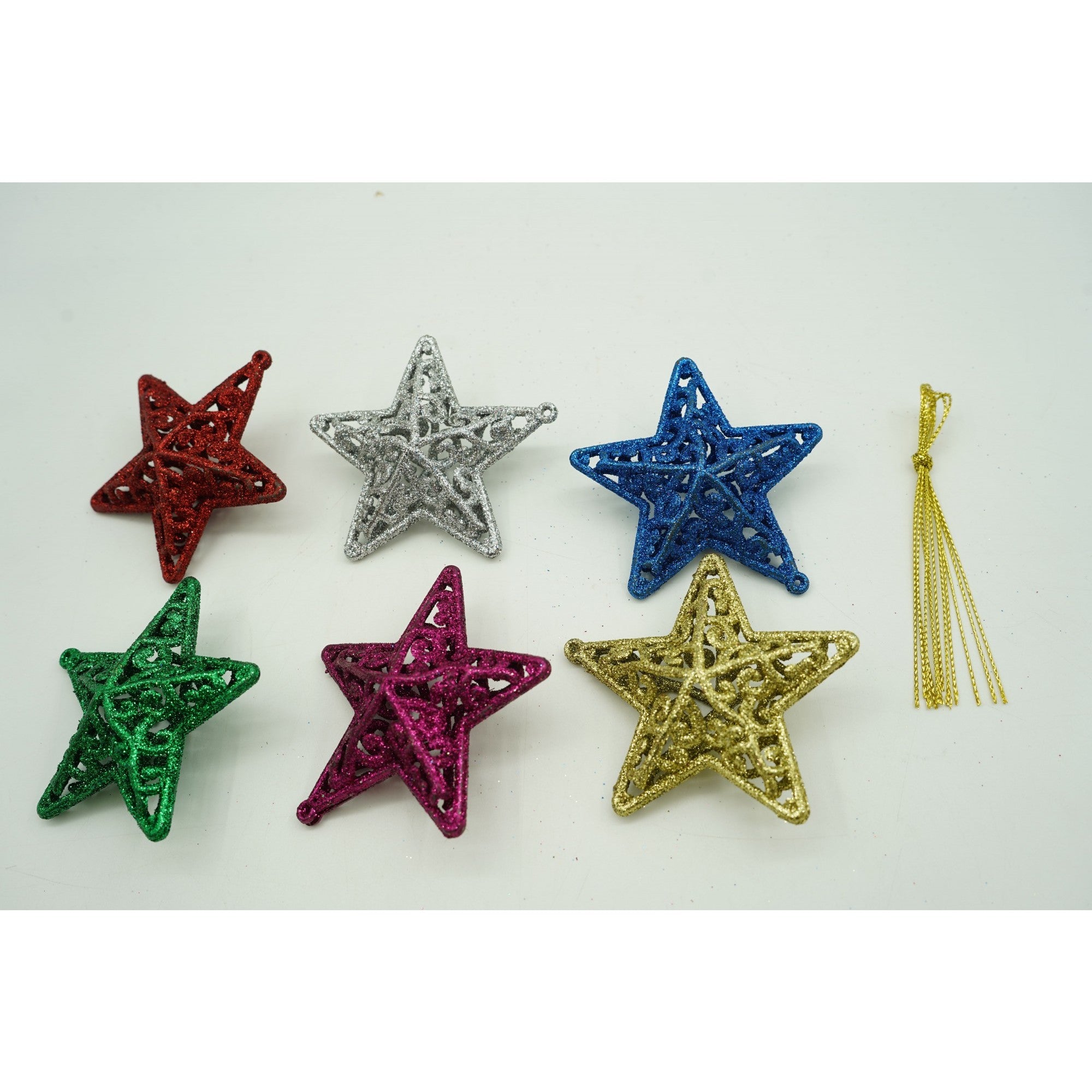 Set de 6 ornamente de brad, de tip Stea, Multicolor, din plastic, cu finisaj sclipitor , cutie 3 cm adancime x 31 cm lungime x 9 cm inaltime