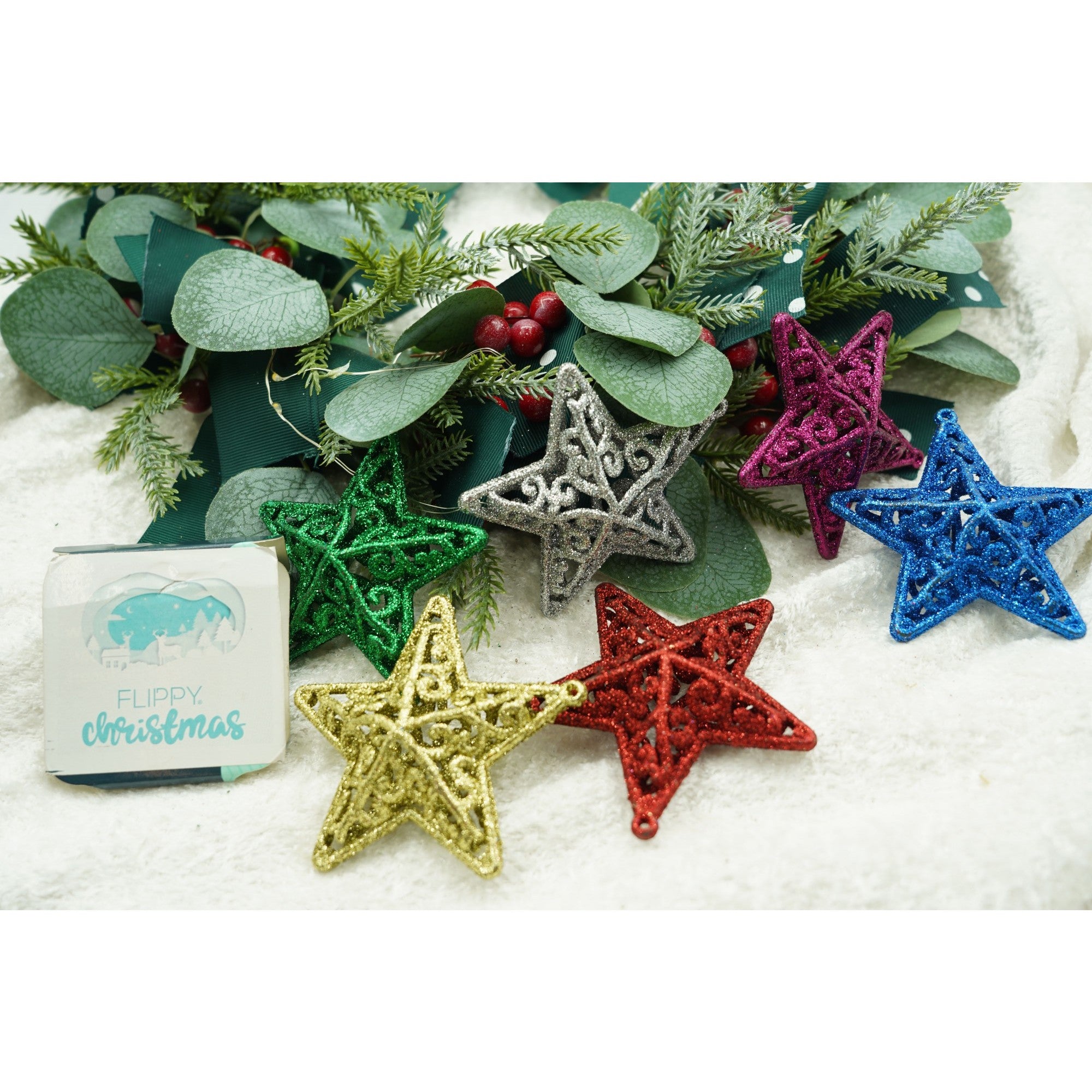 Set de 6 ornamente de brad, de tip Stea, Multicolor, din plastic, cu finisaj sclipitor , cutie 3 cm adancime x 31 cm lungime x 9 cm inaltime