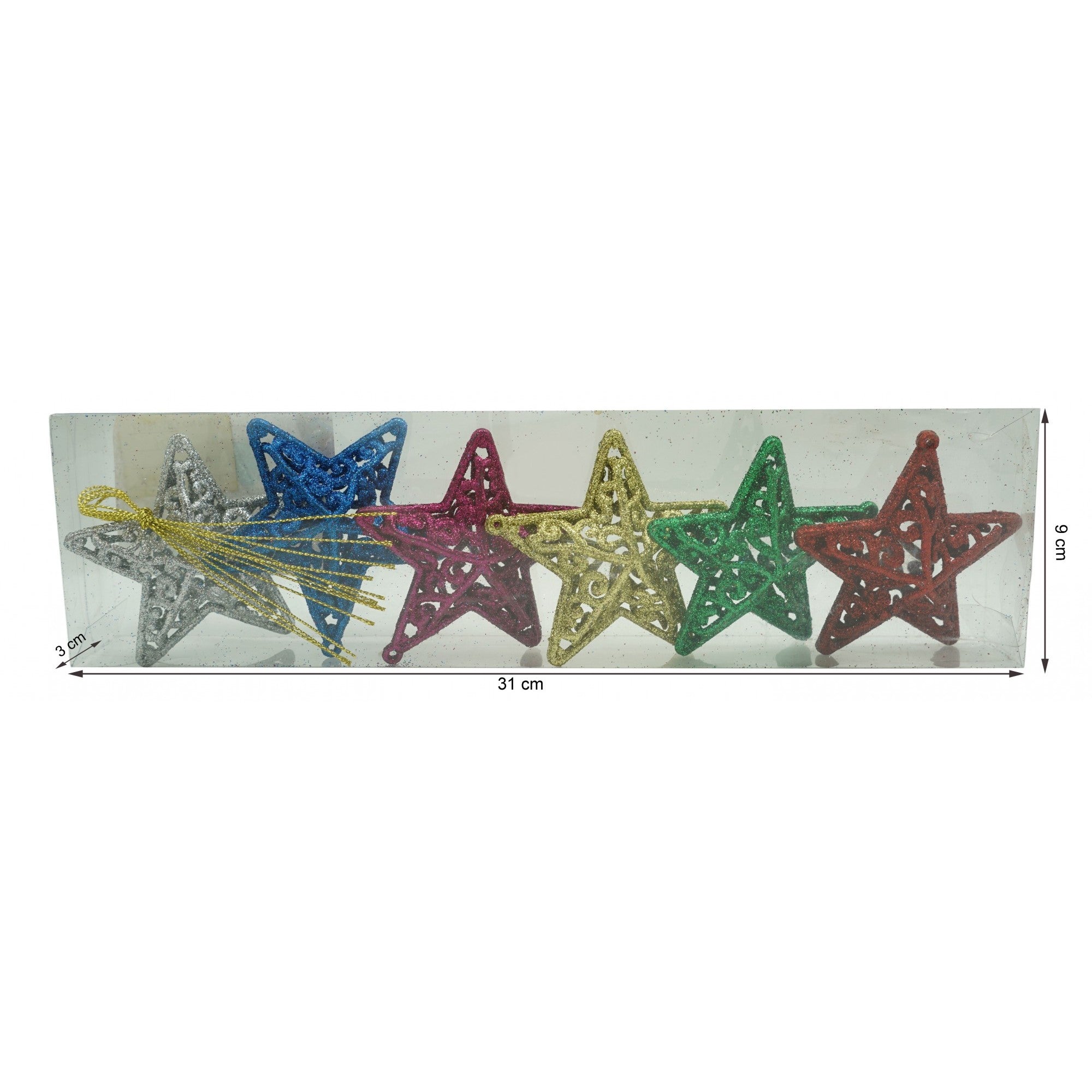 Set de 6 ornamente de brad, de tip Stea, Multicolor, din plastic, cu finisaj sclipitor , cutie 3 cm adancime x 31 cm lungime x 9 cm inaltime