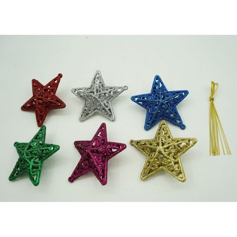 Set de 6 ornamente de brad, de tip Stea, Multicolor, din plastic, cu finisaj sclipitor , cutie 3 cm adancime x 31 cm lungime x 9 cm inaltime