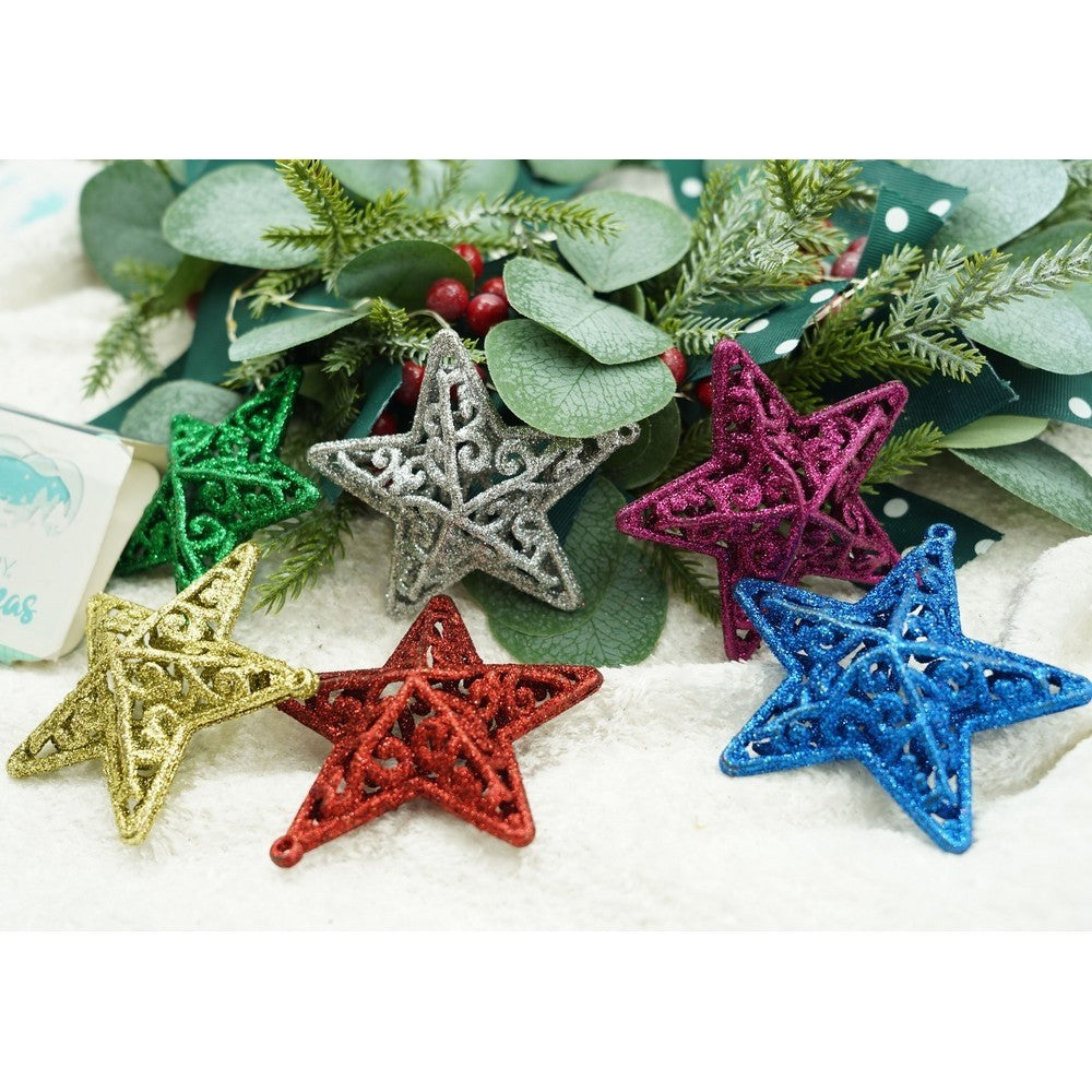 Set de 6 ornamente de brad, de tip Stea, Multicolor, din plastic, cu finisaj sclipitor , cutie 3 cm adancime x 31 cm lungime x 9 cm inaltime