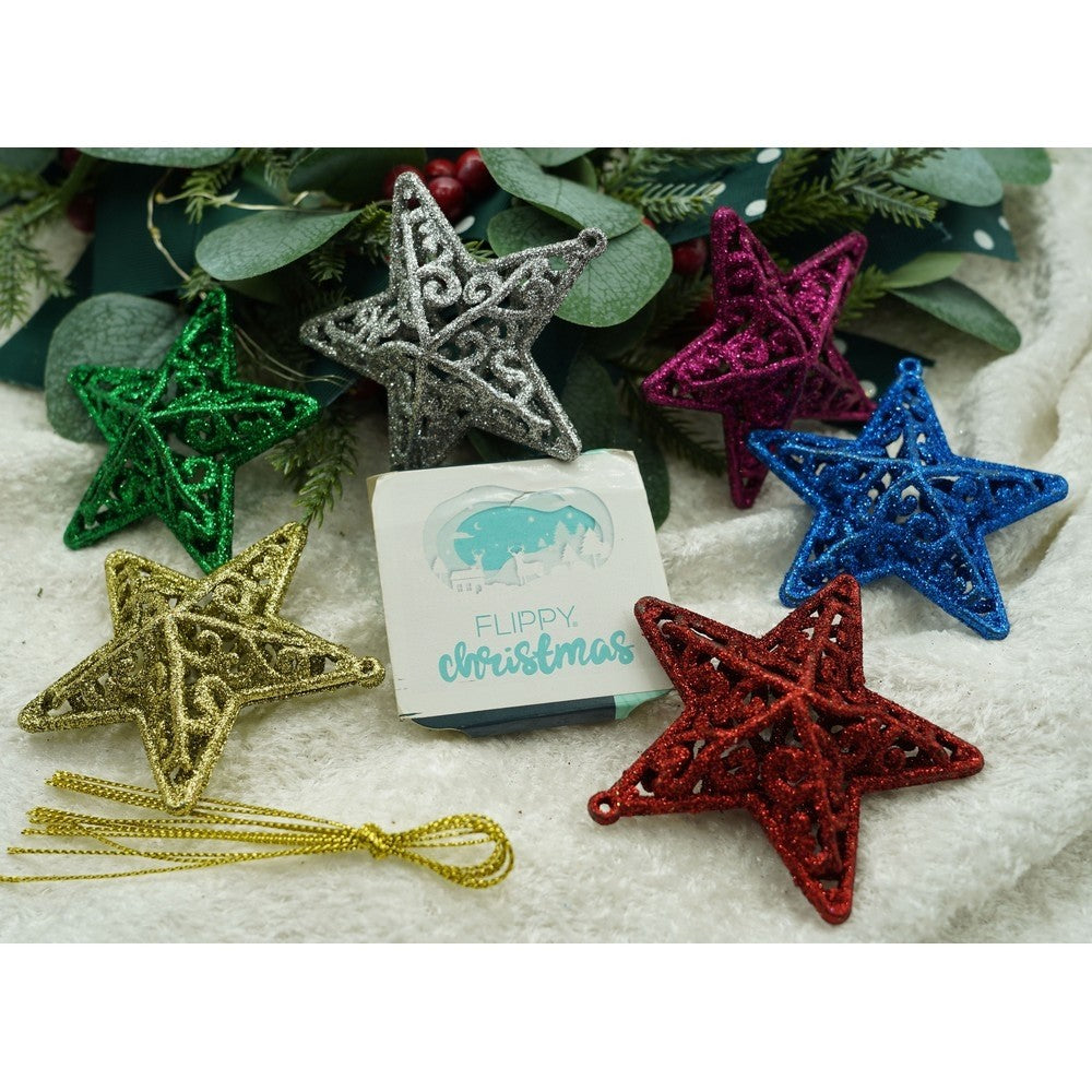 Set de 6 ornamente de brad, de tip Stea, Multicolor, din plastic, cu finisaj sclipitor , cutie 3 cm adancime x 31 cm lungime x 9 cm inaltime