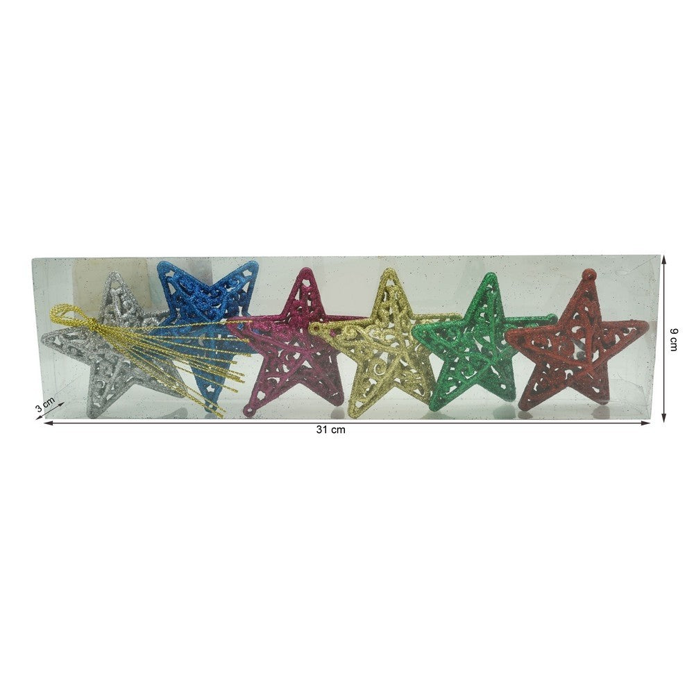 Set de 6 ornamente de brad, de tip Stea, Multicolor, din plastic, cu finisaj sclipitor , cutie 3 cm adancime x 31 cm lungime x 9 cm inaltime
