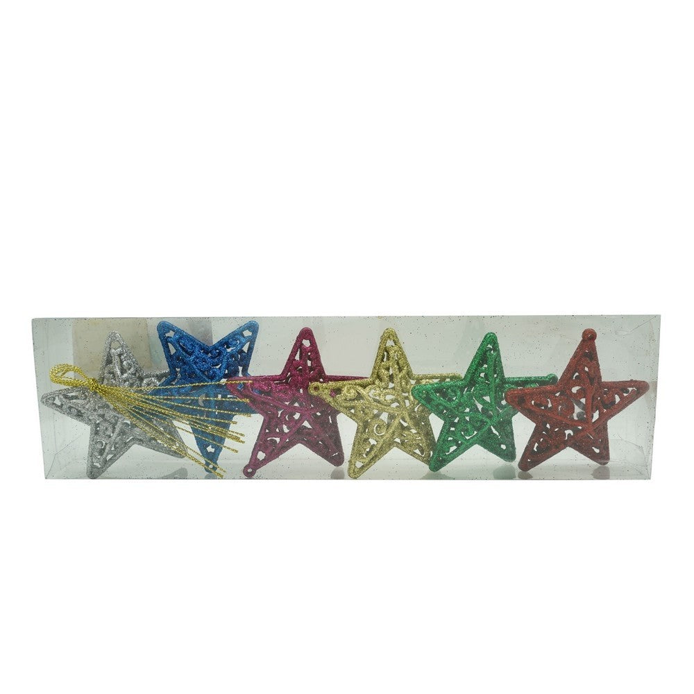 Set de 6 ornamente de brad, de tip Stea, Multicolor, din plastic, cu finisaj sclipitor , cutie 3 cm adancime x 31 cm lungime x 9 cm inaltime