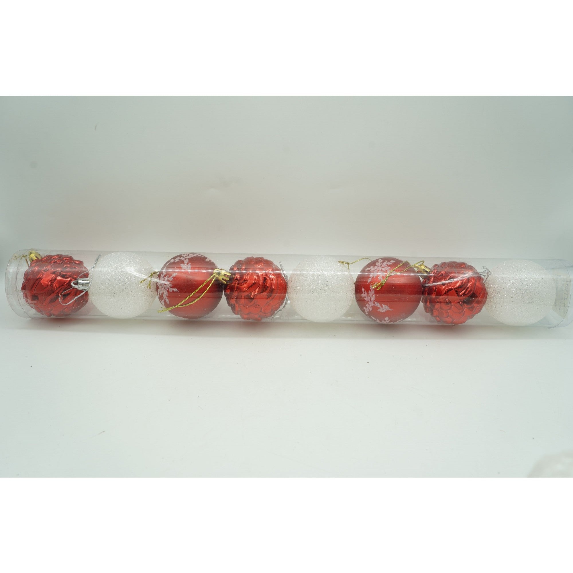 Set de 7 ornamente de brad, de tip Glob, Alb/Rosu, cu ø de 6 cm, din plastic, cu finisaj sclipitor , cutie 6 cm lungime x 40 cm inaltime x 6 cm adancime