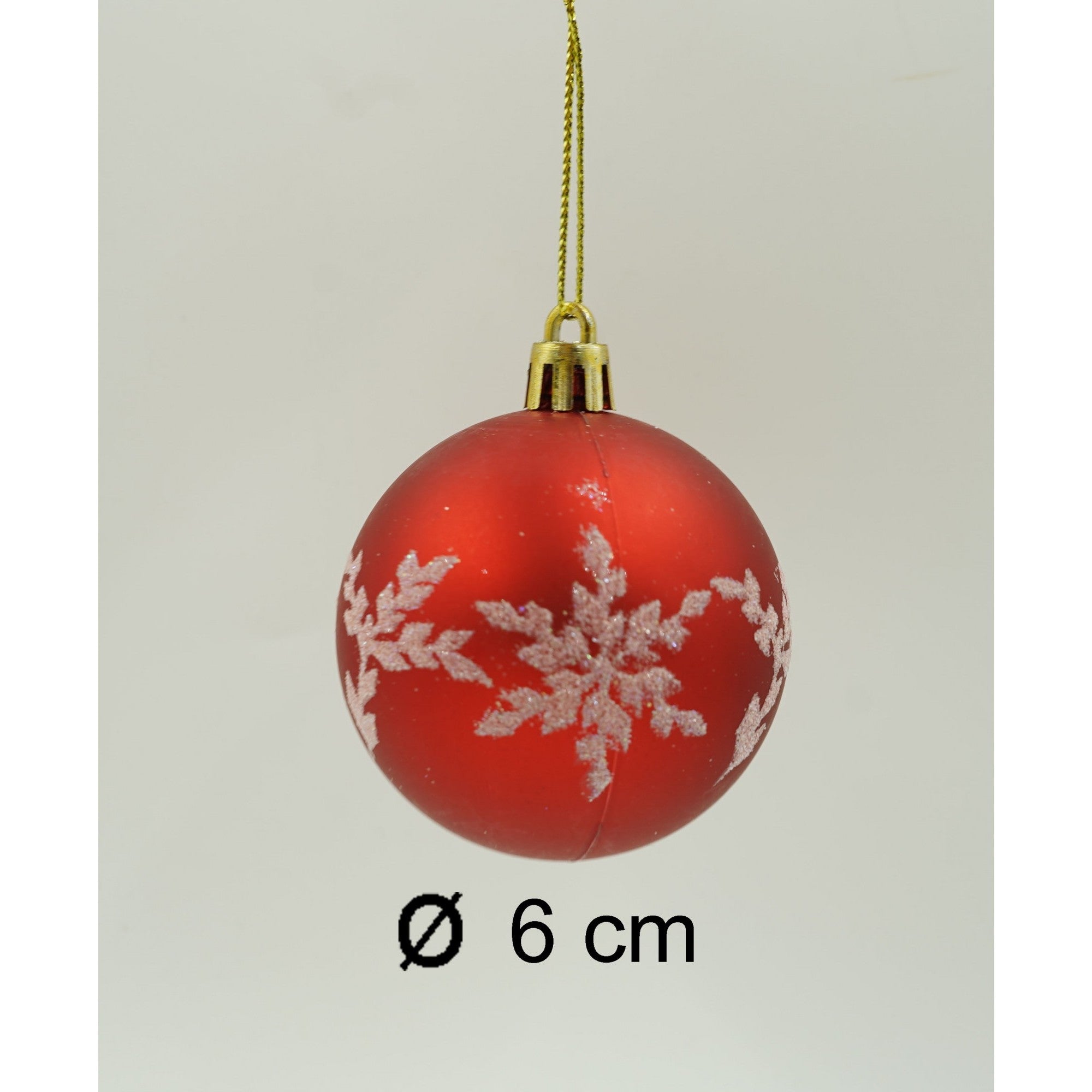 Set de 7 ornamente de brad, de tip Glob, Alb/Rosu, cu ø de 6 cm, din plastic, cu finisaj sclipitor , cutie 6 cm lungime x 40 cm inaltime x 6 cm adancime