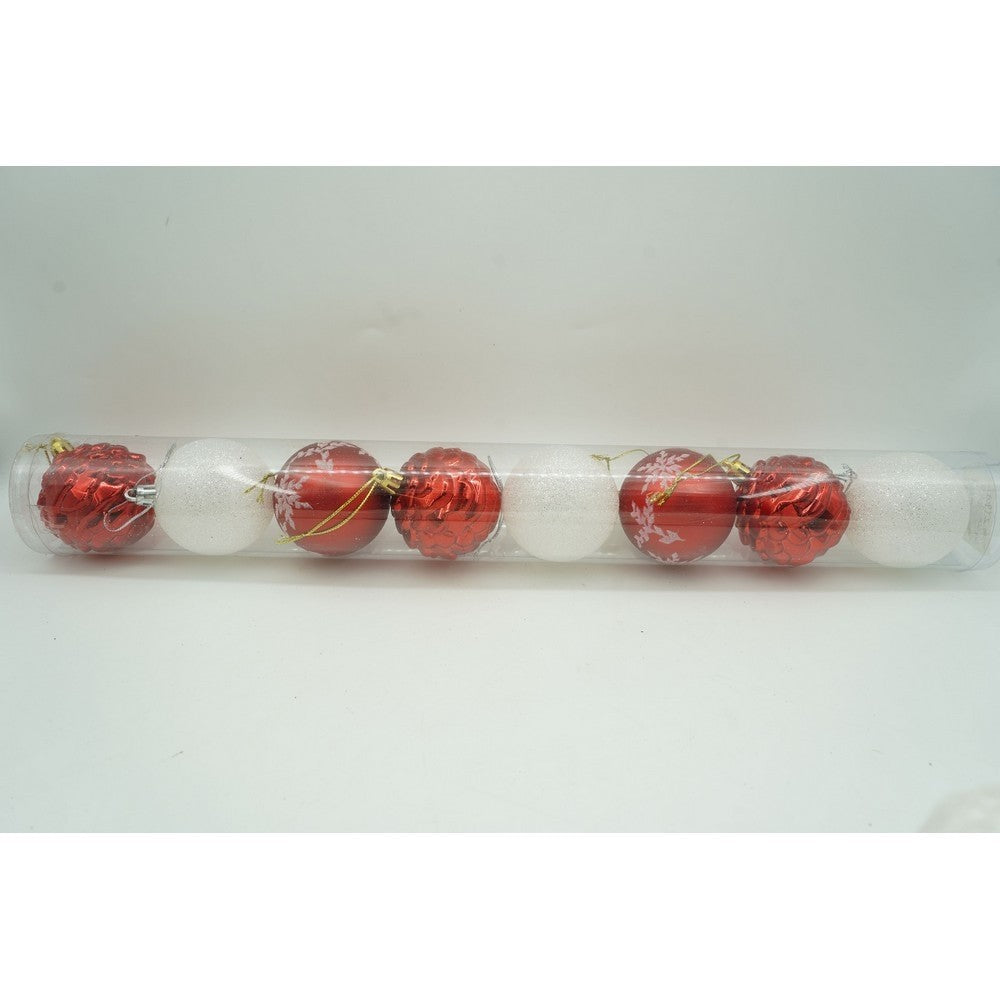 Set de 7 ornamente de brad, de tip Glob, Alb/Rosu, cu ø de 6 cm, din plastic, cu finisaj sclipitor , cutie 6 cm lungime x 40 cm inaltime x 6 cm adancime