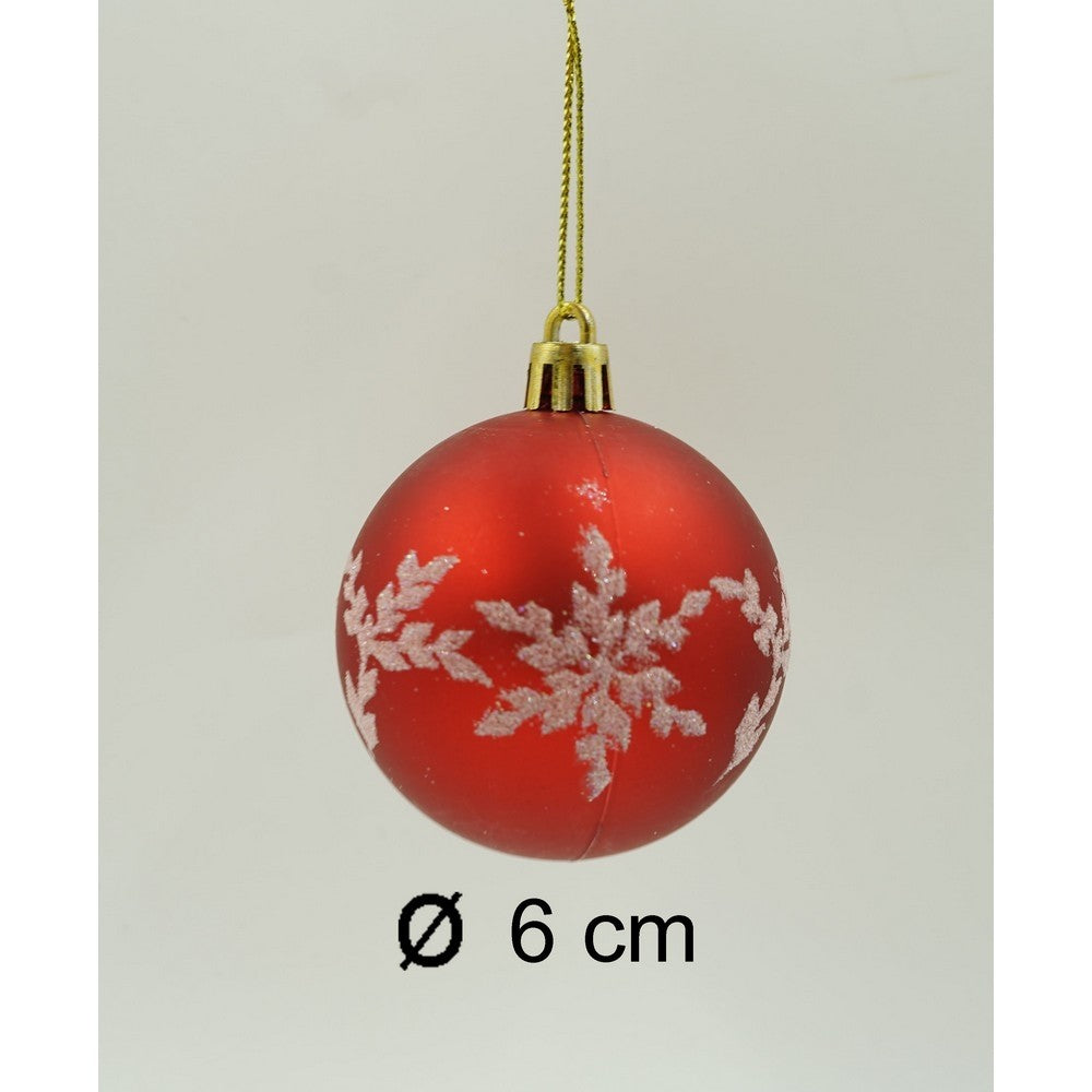 Set de 7 ornamente de brad, de tip Glob, Alb/Rosu, cu ø de 6 cm, din plastic, cu finisaj sclipitor , cutie 6 cm lungime x 40 cm inaltime x 6 cm adancime