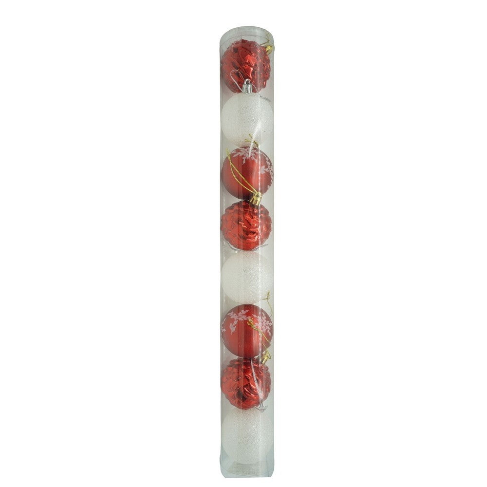 Set de 7 ornamente de brad, de tip Glob, Alb/Rosu, cu ø de 6 cm, din plastic, cu finisaj sclipitor , cutie 6 cm lungime x 40 cm inaltime x 6 cm adancime