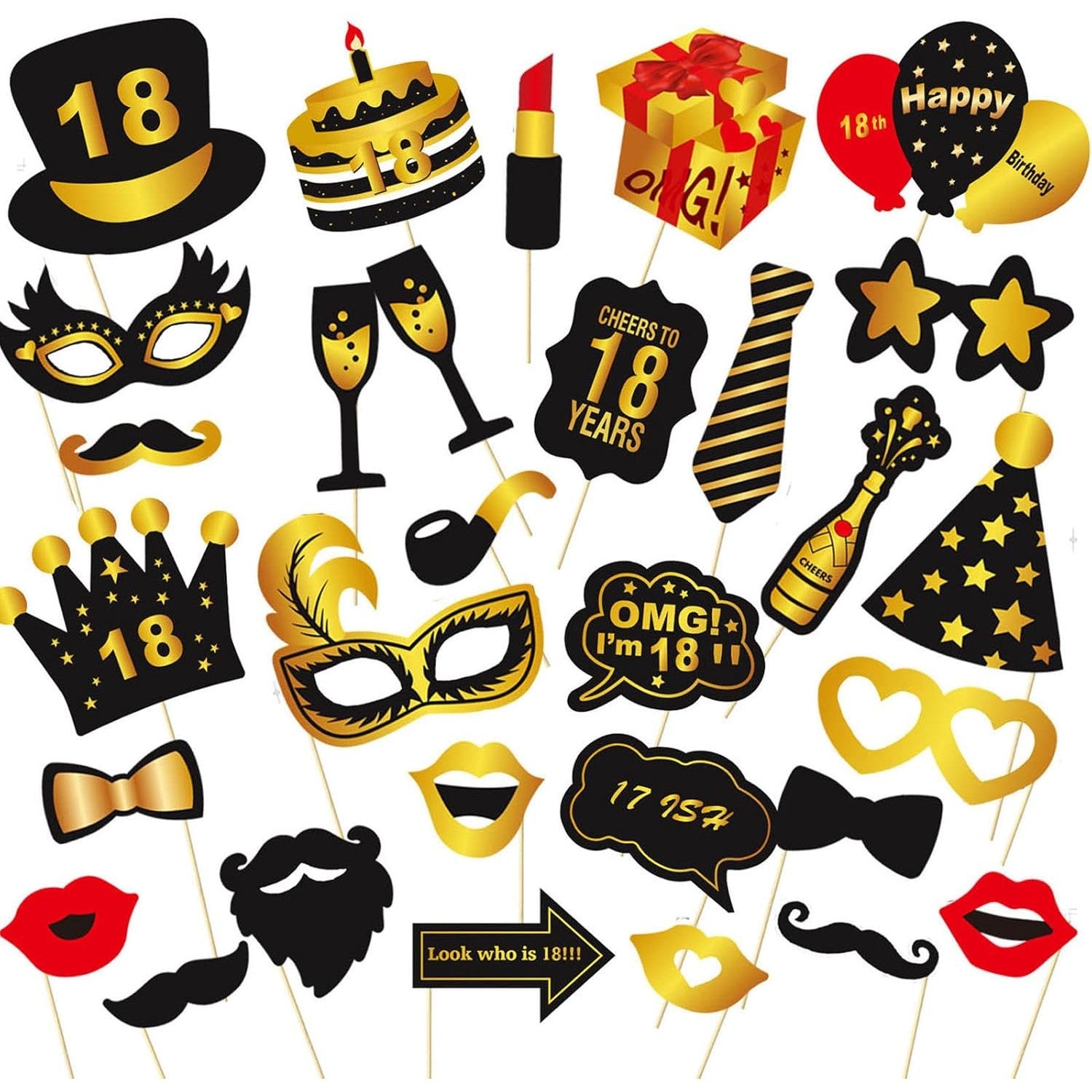 Set Accesorii pentru Petrecere, Props pentru Coltul de Poze, pentru Majorat, Aniversare 18 Ani, Ochelari, Palarii, Mustata, Cravata, pentru Evenimente, Multicolor