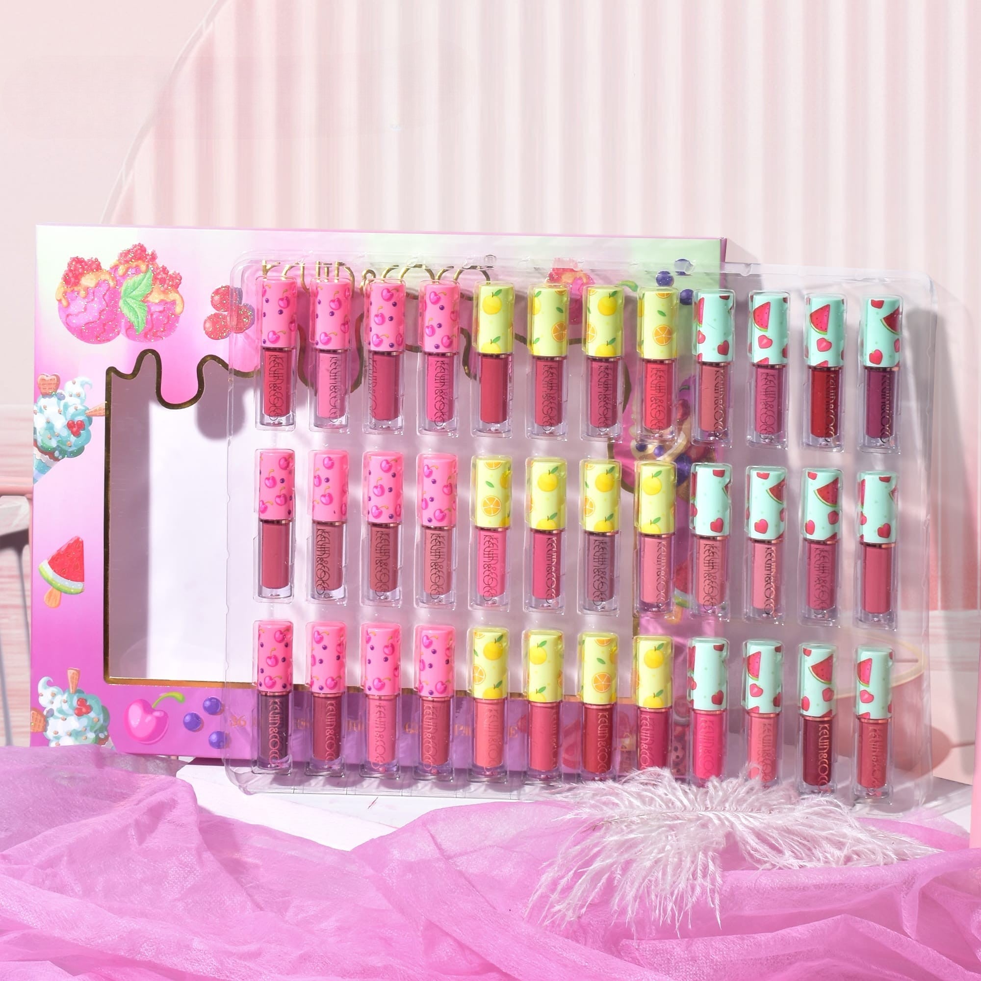 Set de Buze, KEVIN & COCO, 36 Lip Gloss-uri, Model Capac cu Fructe, 32.3 x 24.3 x 2.4 cm, Multicolor