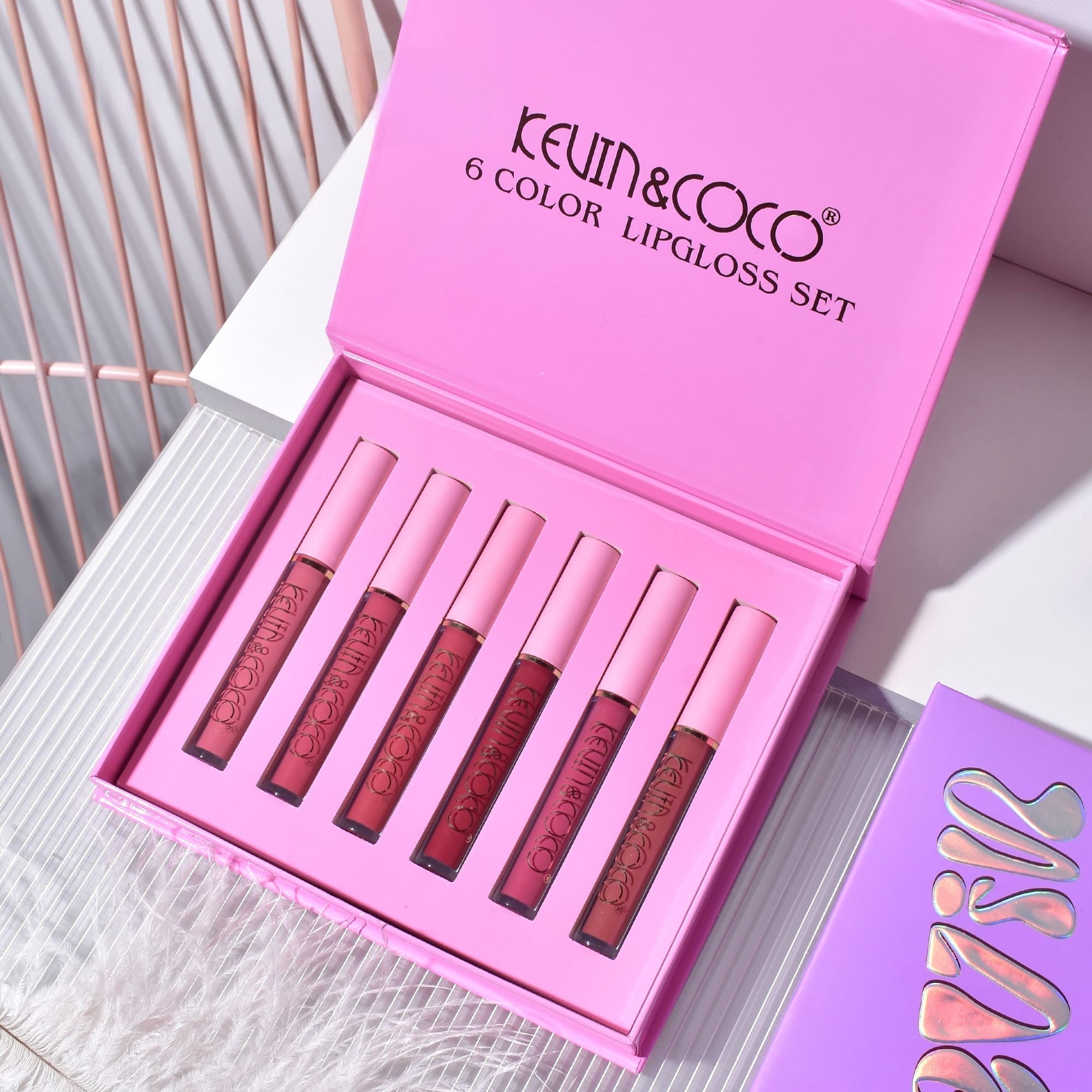Set de Buze, KEVIN &amp; COCO, Pink Girl, 6 Lip Gloss-uri, 17 x 14.8 x 2.9 cm, Roz/Maro