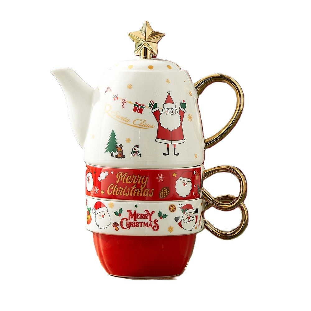 Set de Ceai, Tema Craciun, Ceainic 450 ml, 2 x Cani 250 ml, din Ceramica, Model Mos Craciun/Santa Claus, Alb/Rosu