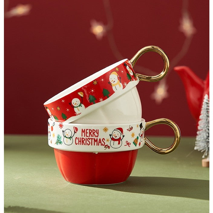 Set de Ceai, Tema Craciun, Ceainic 450 ml, 2 x Cani 250 ml, din Ceramica, Model Mos Craciun/Santa Claus, Alb/Rosu