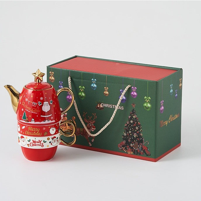 Set de Ceai, Tema Craciun, Ceainic 450 ml, 2 x Cani 250 ml, din Ceramica, Model Mos Craciun/Santa Claus, Alb/Rosu