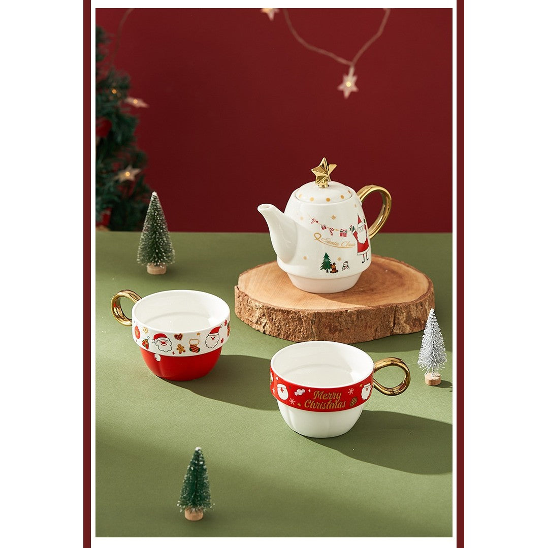 Set de Ceai, Tema Craciun, Ceainic 450 ml, 2 x Cani 250 ml, din Ceramica, Model Mos Craciun/Santa Claus, Alb/Rosu