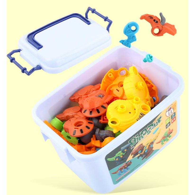 Set de Constructie/Asamblare, 4 Dinozauri, cu Bormasina Electrica, Baterii 2 x AA, Surubelnita si Cutie Depozitare, 22.5 x 14.5 x 15 cm, Multicolor