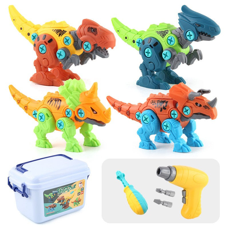 Set de Constructie/Asamblare, 4 Dinozauri, cu Bormasina Electrica, Baterii 2 x AA, Surubelnita si Cutie Depozitare, 22.5 x 14.5 x 15 cm, Multicolor