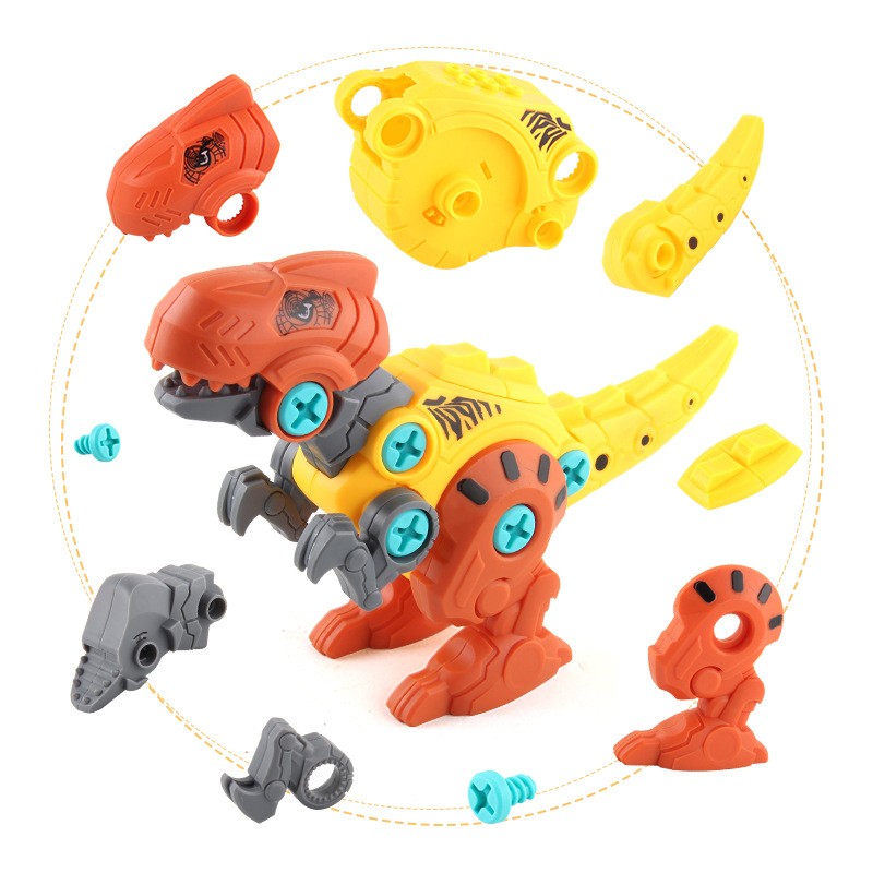 Set de Constructie/Asamblare, 4 Dinozauri, cu Bormasina Electrica, Baterii 2 x AA, Surubelnita si Cutie Depozitare, 22.5 x 14.5 x 15 cm, Multicolor