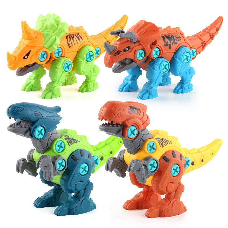 Set de Constructie/Asamblare, 4 Dinozauri, cu Bormasina Electrica, Baterii 2 x AA, Surubelnita si Cutie Depozitare, 22.5 x 14.5 x 15 cm, Multicolor