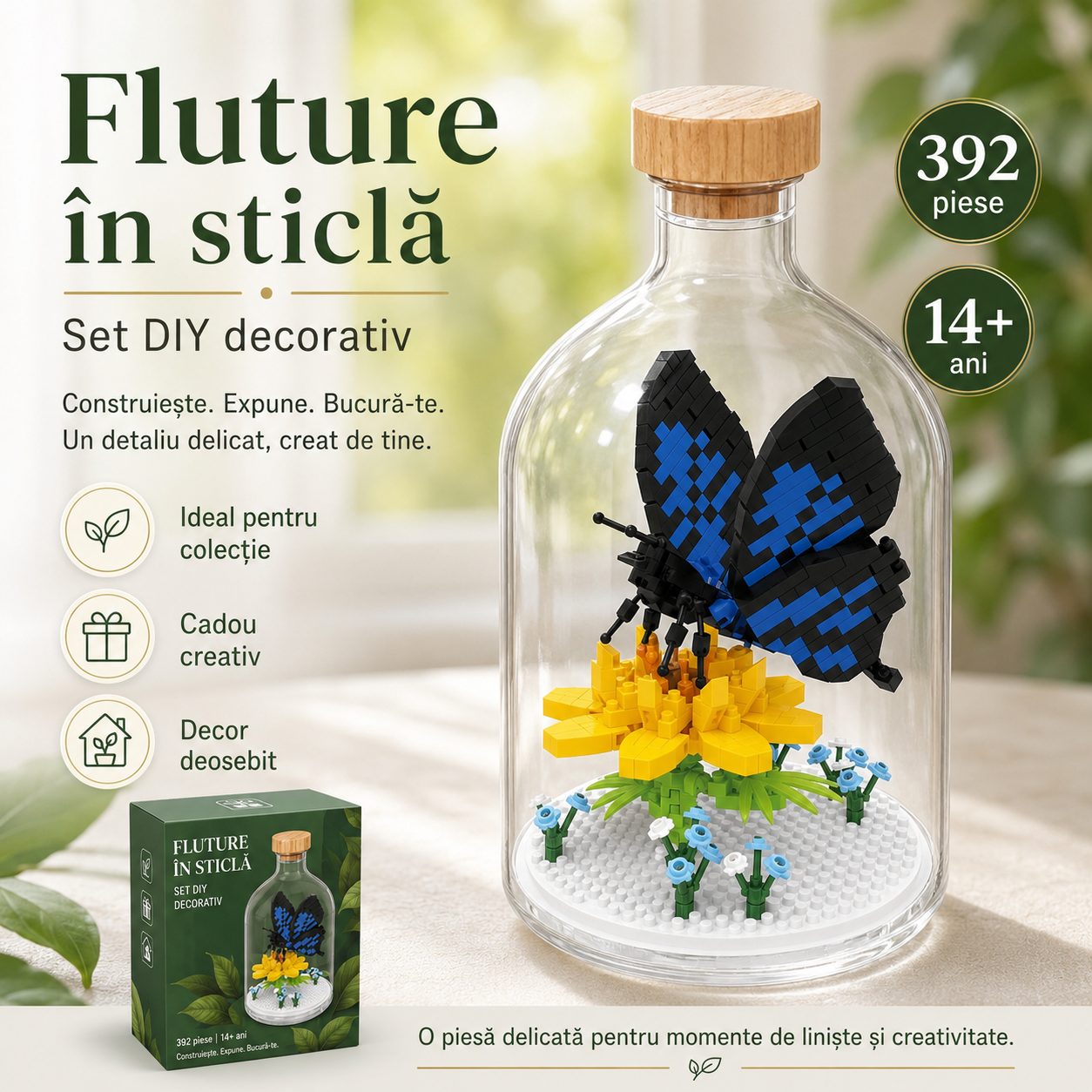 Set de Construit în Sticlă Decorativă, Model Fluture, 392 Piese Mini din Plastic, Jucărie Creativă și Educațională pentru Copii 14+ și Adulți, Tip Pixel Building Blocks, Obiect Decorativ de Colecție, 10 x 19.6 cm, Multicolor
