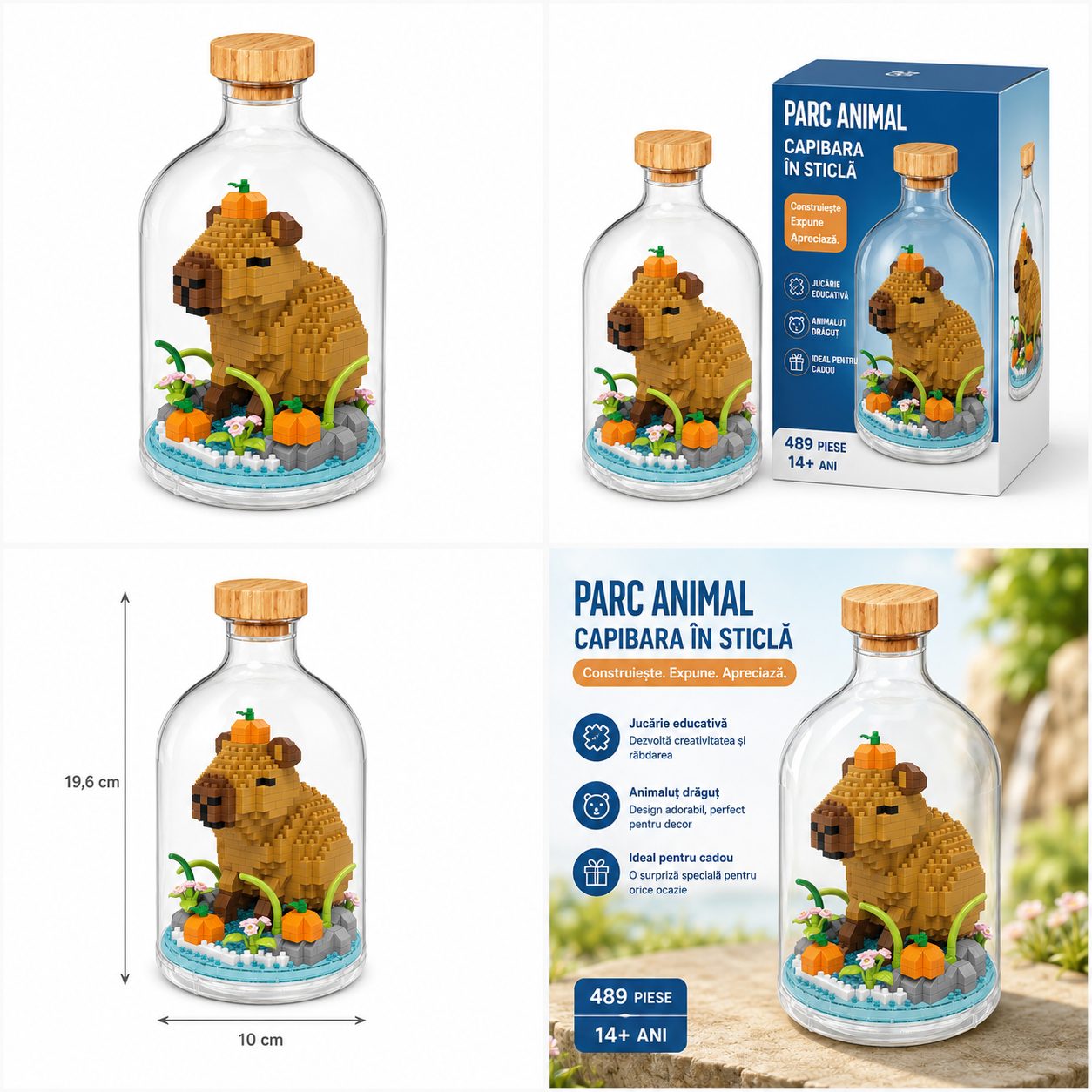 Set de Construit în Sticlă Decorativă, Model Capybara, 489 Piese Mini din Plastic, Jucărie Creativă și Educațională pentru Copii 14+ și Adulți, Tip Pixel Building Blocks, Obiect Decorativ de Colecție, 10 x 19.6 cm, Multicolor