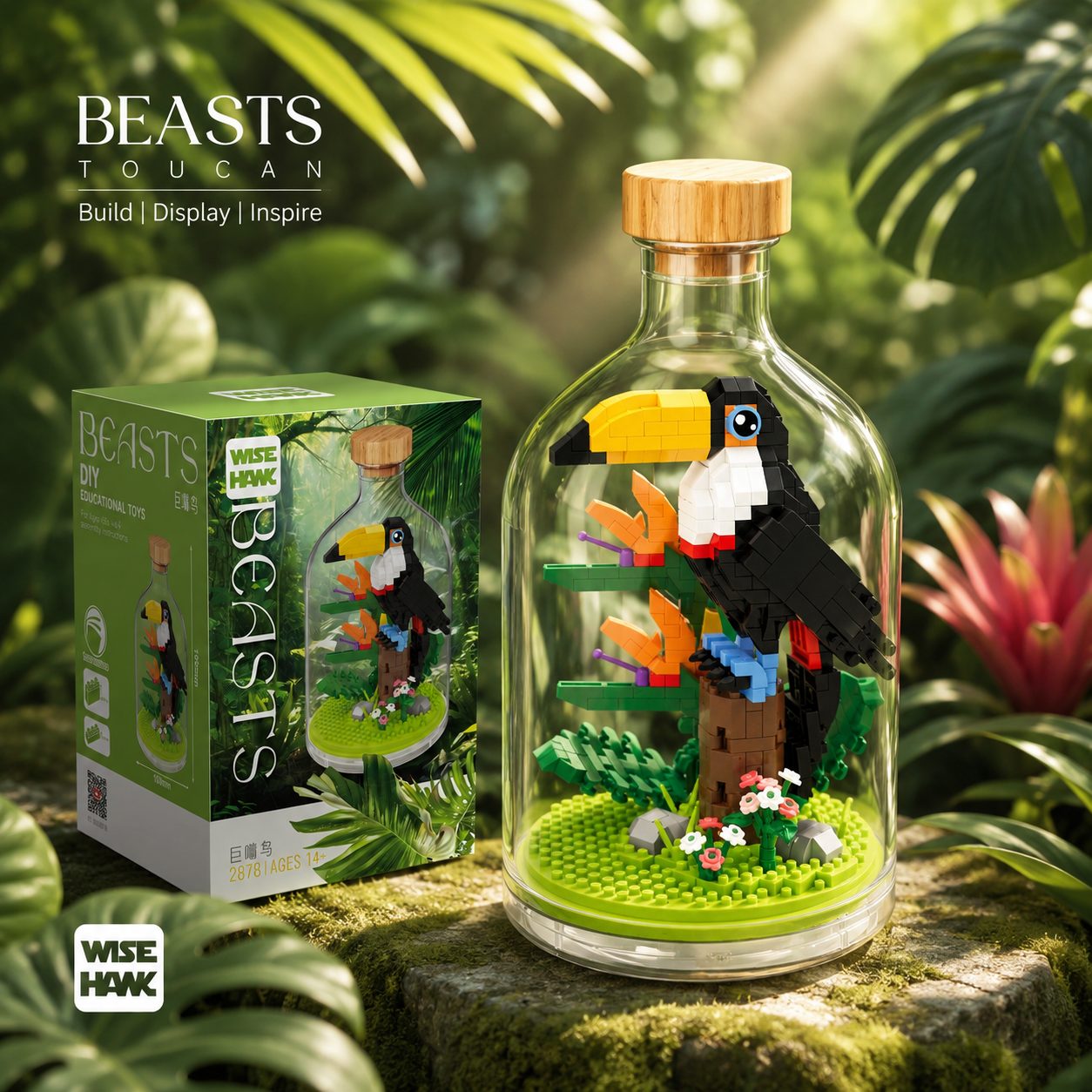 Set de Construit în Sticlă Decorativă, Model Pasăre, 593 Piese Mini din Plastic, Jucărie Creativă și Educațională pentru Copii 14+ și Adulți, Tip Pixel Building Blocks, Obiect Decorativ de Colecție, 10 x 19.6 cm, Multicolor
