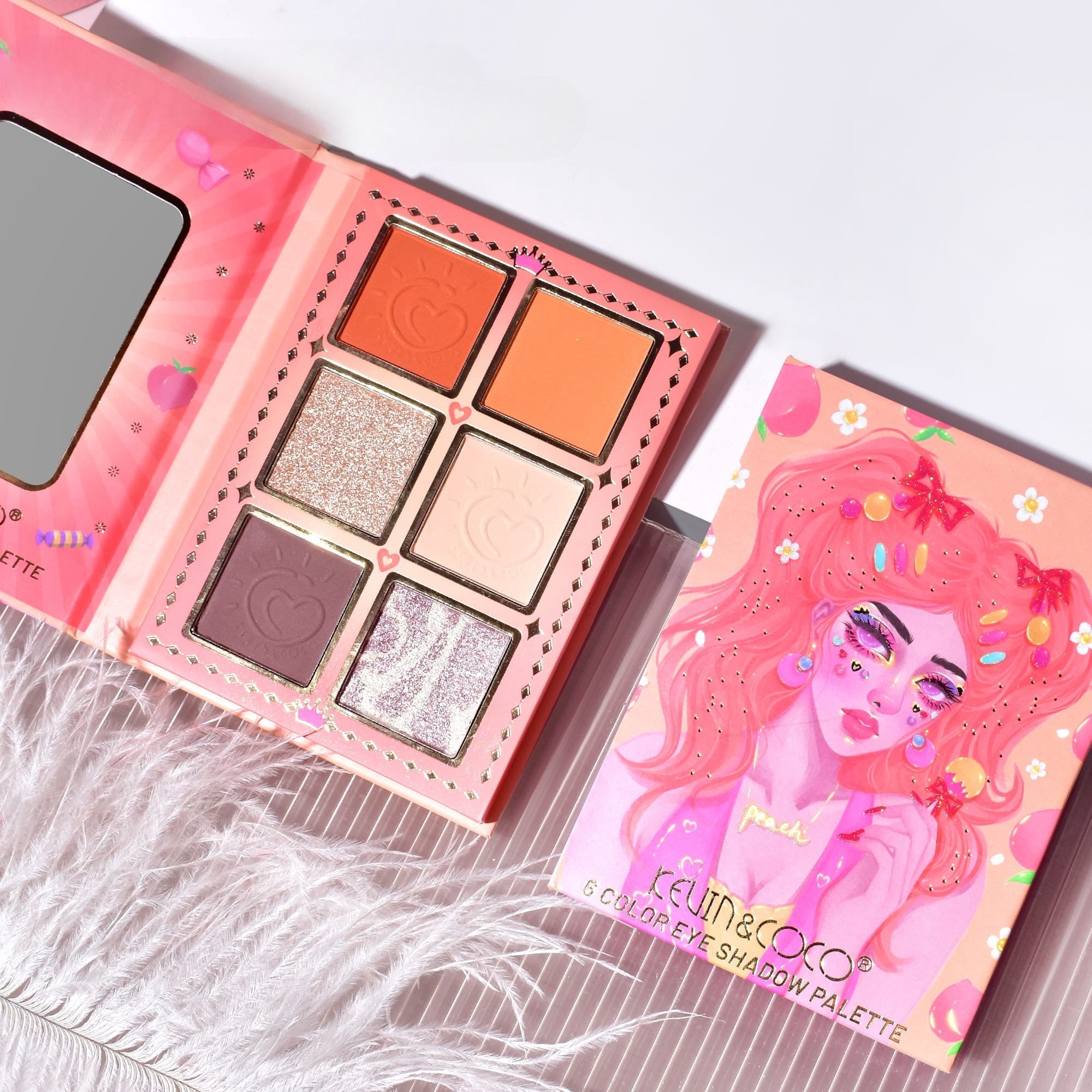 Paleta de Machiaj, KEVIN & COCO, Pink Barbie Girl. Fard de Pleoape, 6 culori, 11.3 x 8.2 x 1.3 cm, Model Flower Girl