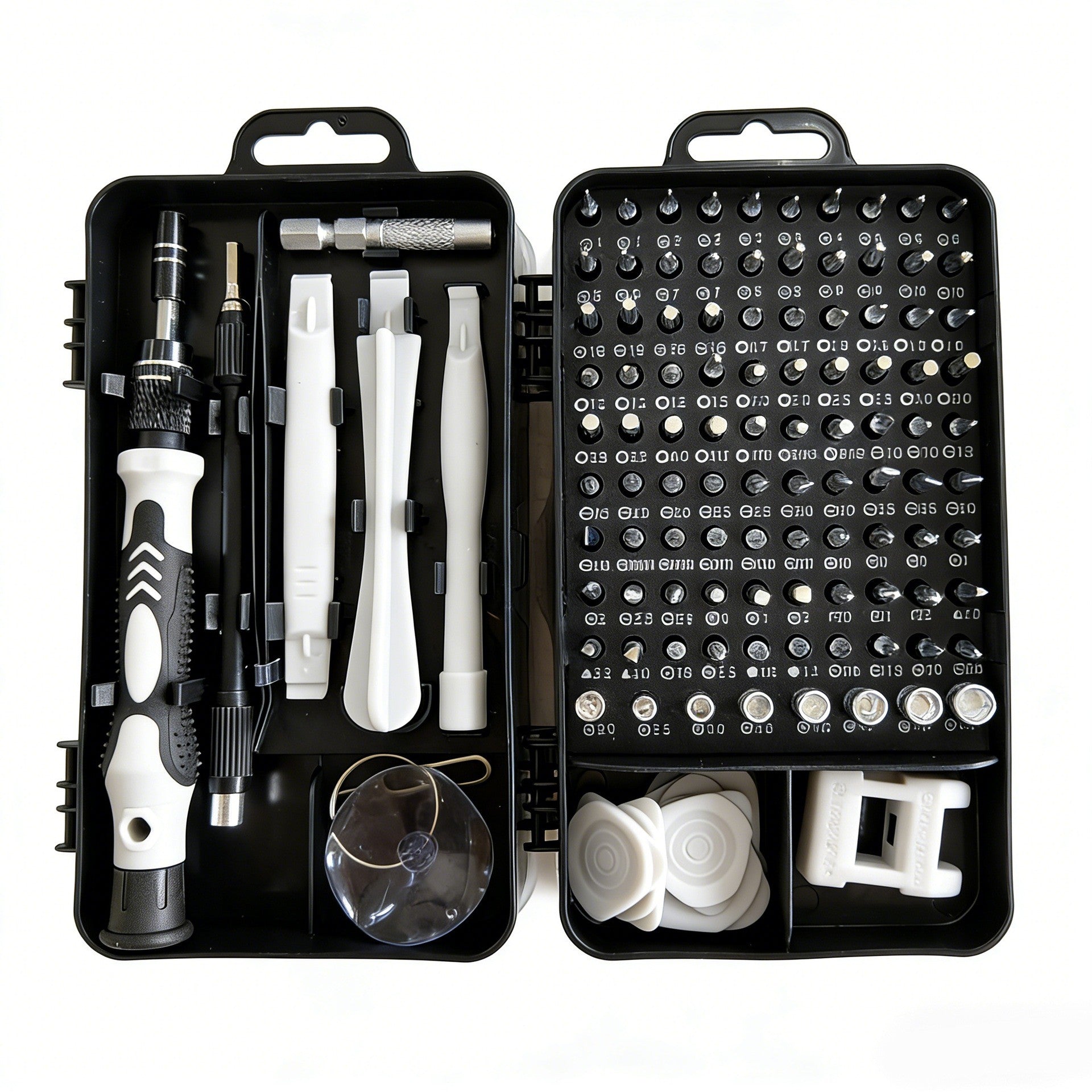 Surubelnite pentru Reparea Telefoanelor, Set 115-in-1 Cromate, Demontarea Repararea Ceasurilor, Electronicelor Mici, Maner detalii Albe, 18 x 11 x 6 cm, Negru