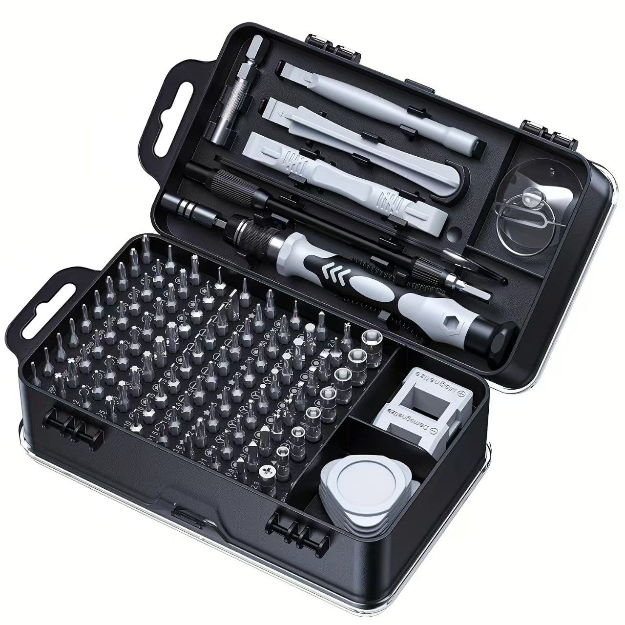 Surubelnite pentru Reparea Telefoanelor, Set 115-in-1 Cromate, Demontarea Repararea Ceasurilor, Electronicelor Mici, Maner detalii Albe, 18 x 11 x 6 cm, Negru