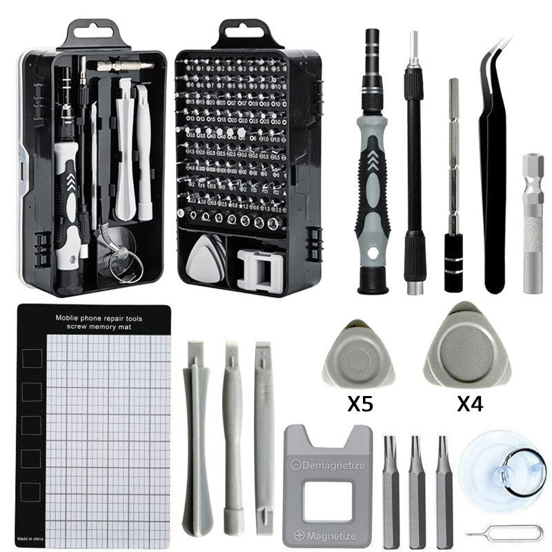 Surubelnite pentru Reparea Telefoanelor, Set 115-in-1 Cromate, Demontarea Repararea Ceasurilor, Electronicelor Mici, Maner detalii Albe, 18 x 11 x 6 cm, Negru