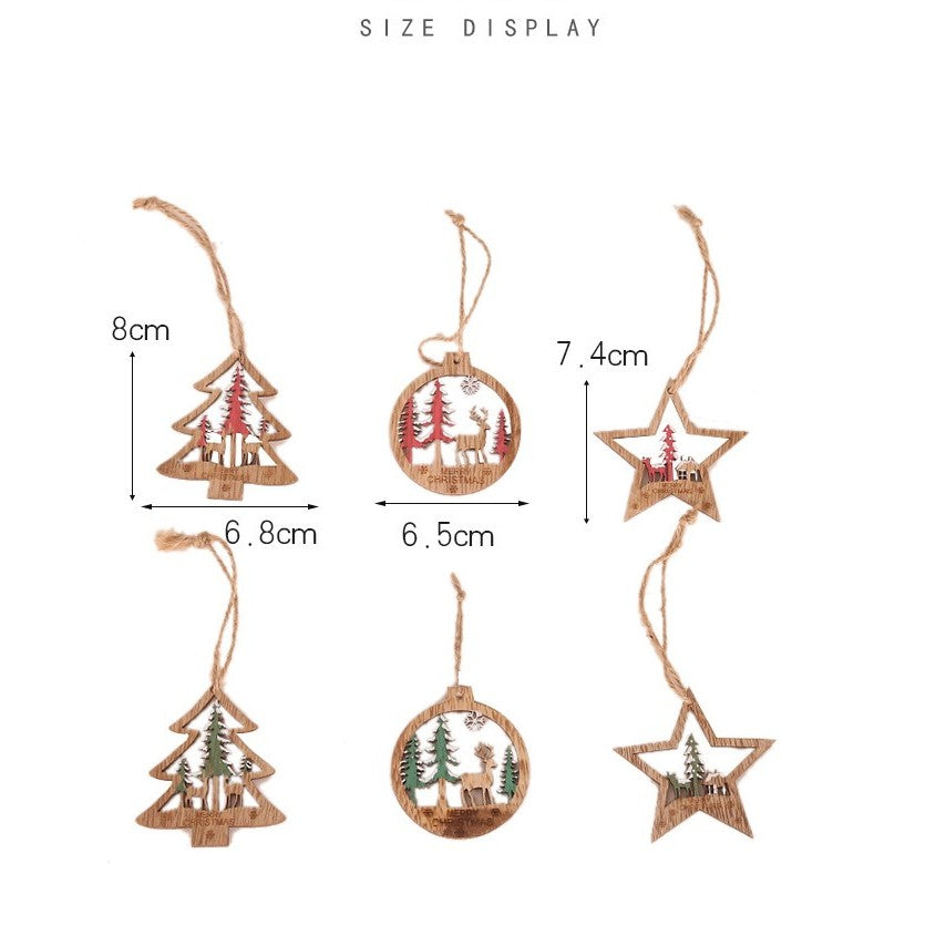 Set 6 Decoratiuni de Craciun din Lemn, cu Snur pentru Agatare in Brad, Model Brad, Glob si Steluta, Rosu